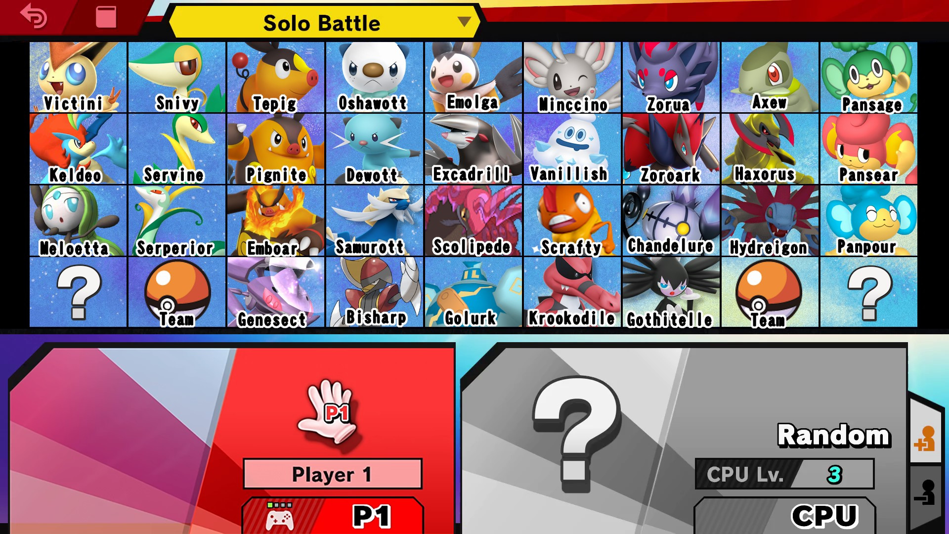 A roster mockup ressembling the character selection screen from Super Smash Bros. Ultimate for the Nintendo Switch, but featuring Pokemon from Pokémon Black & White. The rows contain 9 characters each, except for the last row where the leftmost and rightmost squares both feature the "Random" question mark, while the squares horizontally next to them both feature an orange Poké Ball with the word "Team" under it, alluding to the concept of a Pokémon team from the eponymous games. The first row contains Victini, Snivy, Tepig, Oshawott, Emolga, Minccino, Zorua, Axew, and Pansage. The second row features Keldeo, Servine, Pignite, Dewott, Excadrill, Vanillish, Zoroark, Haxorus, and Pansear. The third row displays Meloetta, Serperior, Emboar, Samurott, Scolipede, Scrafty, Chandelure, Hydreigon, and Panpour. And aside from the Random and Team squares, the last row shows Genesect, Bisharp, Golurk, Krookodile, and Gothitelle.