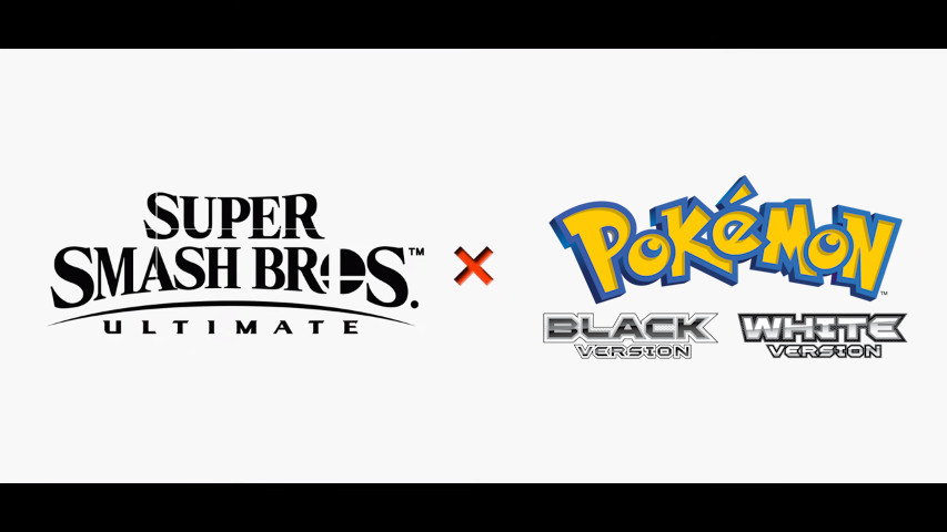 A "splash screen" depicting the logos of Super Smash Bros Ultimate and the international Pokémon logo with the game box art versions of the "Black Version" and "White Version" subtitle logos underneath it. They are on a white backdrop with dark bars on the up and down corners, and a small red cross is inbetween the two big logos, indicating a crossover of the two specific entries.