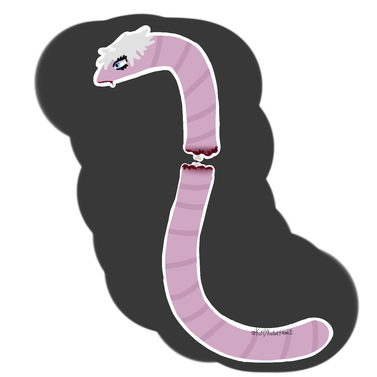 Pink worm with white hair and blue eyes, worm gojo's body is cut in half with small bones poking out.