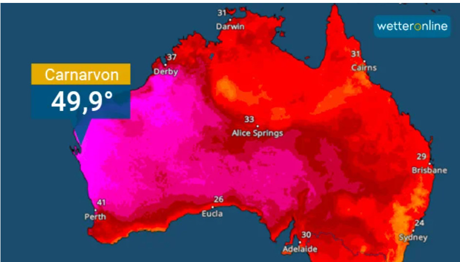 The highs on Sunday were widely between 40 and 45 degrees. It was hottest at 49,

9 degrees in Carnarvon north of Perth.