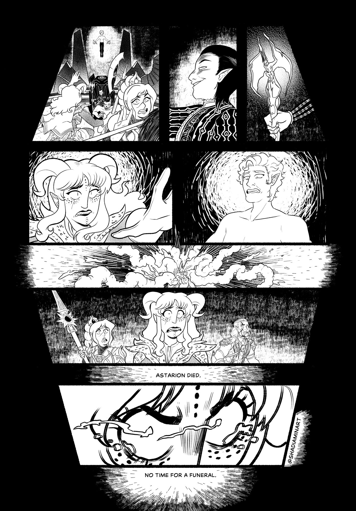 A comic in a coffin layout, it shows Astarion from Baldur’s Gate 3 dying in Cazador’s dungeon and Tav’s reaction over their failure to save him