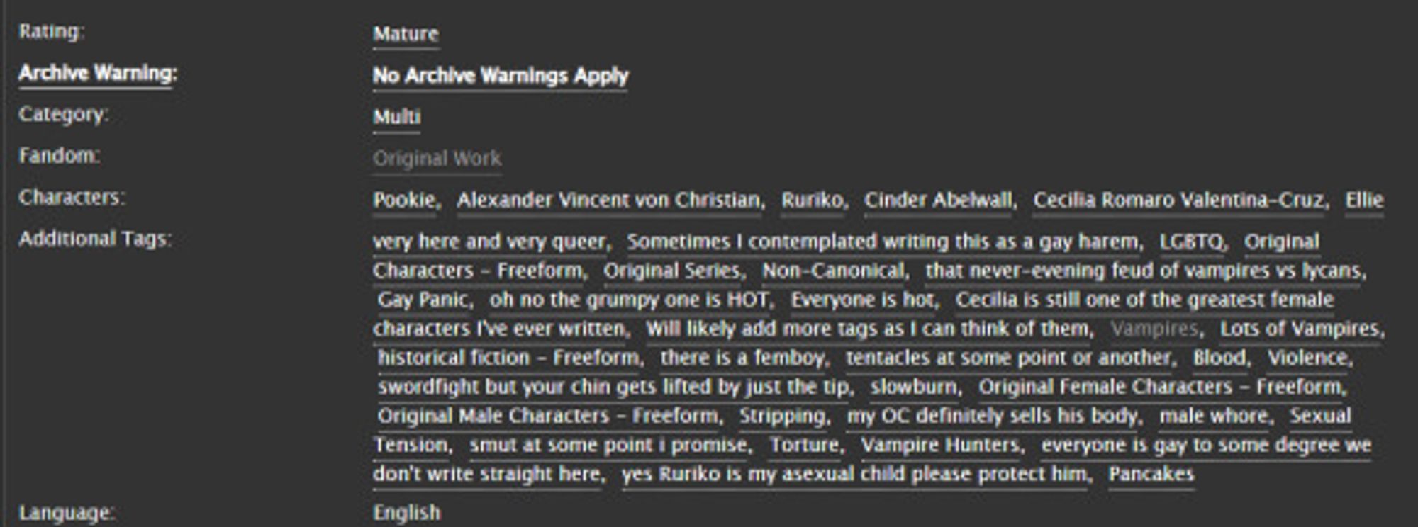 Title: Les Vampires
Series: Les Vampires
Genre: Historical Fiction

Pairing: Multi
Status: Ongoing [Currently 9 chapters up, will be uploading more over time. I have up through 12 completed and I think this was planned for 15 or 16 chapters. I don't remember.]

My once KoFi only series is now available on ao3. This series is very dear to me because my partner doodled a lot from it. And we have hopes of one day turning it into a comic as well. <3

Teaser comic by my partner: @pookieesukiro.bsky.social

🌹 https://archiveofourown.org/works/59116888/chapters/150731386