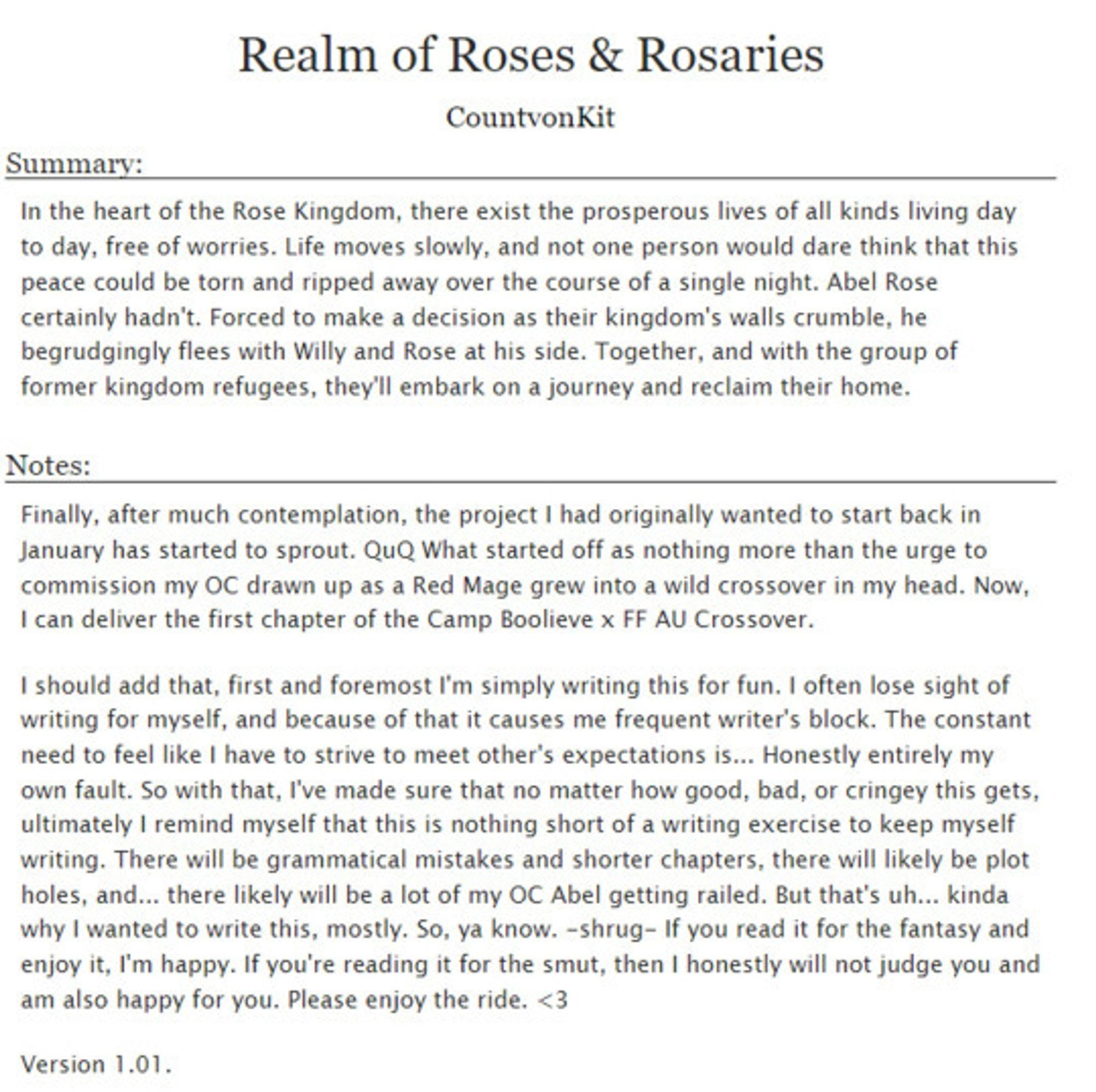 Title: Realm of Roses & Rosaries 
Series: Camp Boo-lieve AU x FF Crossover 
Genre: #Fantasy 
Status: Ongoing.

18+ AU following the protagonists from Camp Boolieve. 
Summary below.

Promotional artwork by my partner: @pookieesukiro.bsky.social 

Link: https://archiveofourown.org/works/58253203/chapters/148344124
#Ao3 #smut