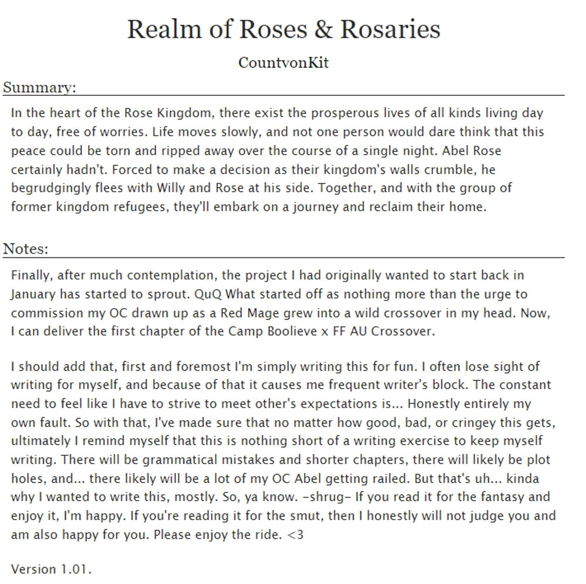 Title: Realm of Roses & Rosaries
Series: Camp Boo-lieve AU x FF Crossover
Genre: #Fantasy
18+ AU following the protagonists from Camp Boolieve.
#ao3 #writer #originalwork #LGBTQ 

Summary & link as posted below. 
Promotional artwork by my partner: @PookieEsukiro 

Link: https://archiveofourown.org/works/58253203/chapters/148344124