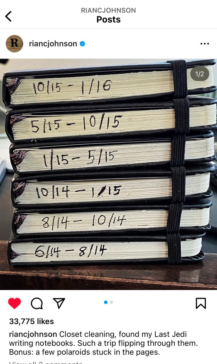 Image of a post from Rian Johnson showing a stack of 6 writing journals documenting his work on the script for The Last Jedi