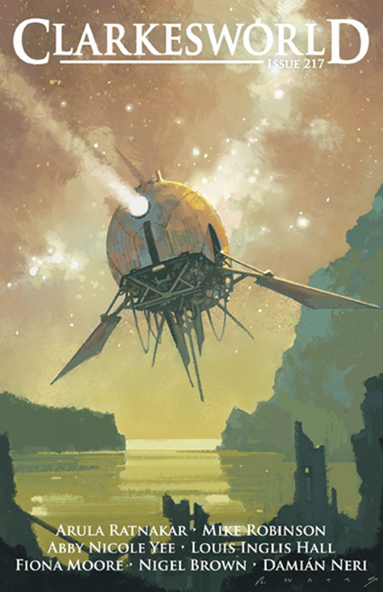 Clarkesworld #217 cover, featuring an ovoid flying machine above a lake with a galaxy visible in the night sky