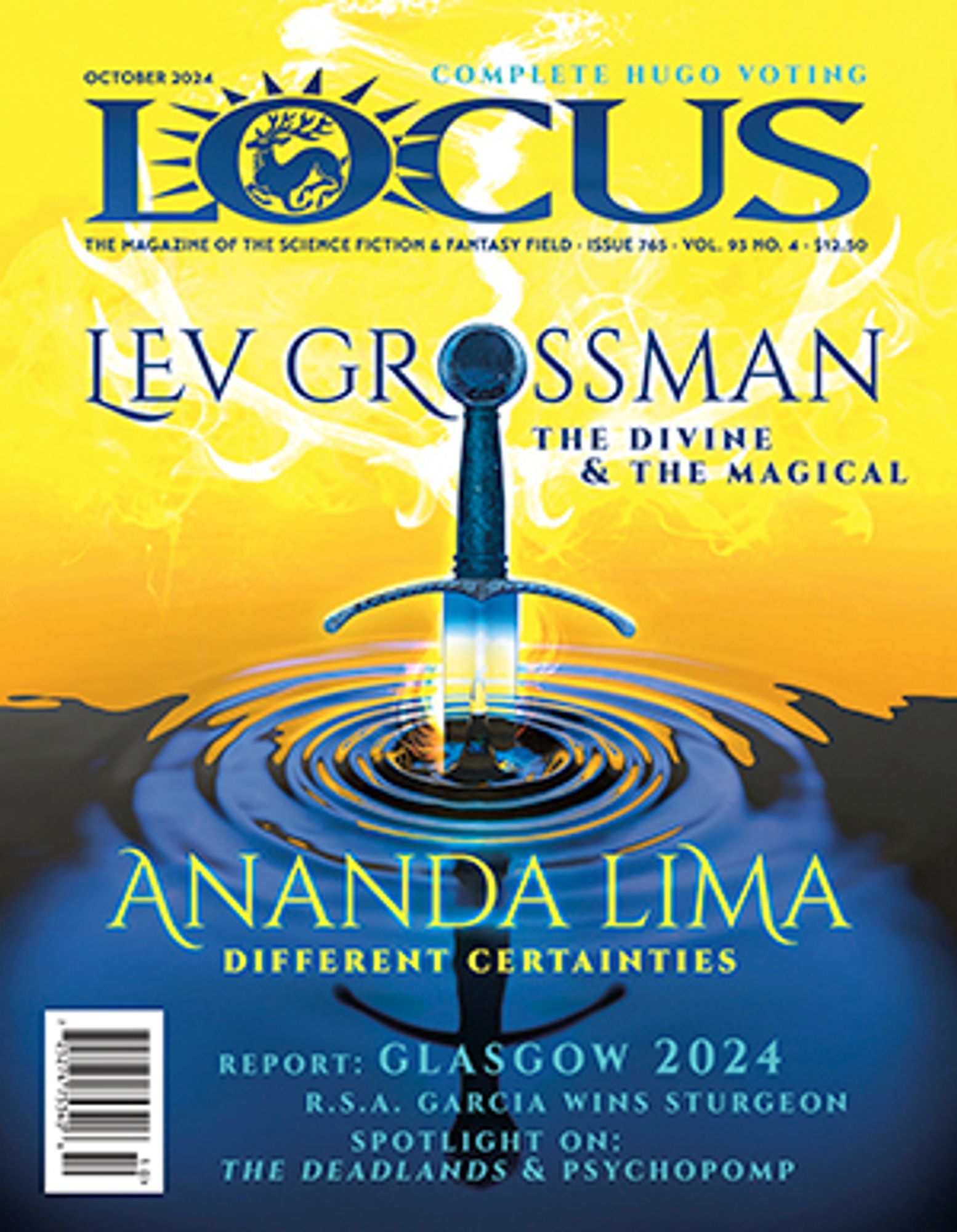 Locus October 2024 issue, featuring a sword emerging from rippling water