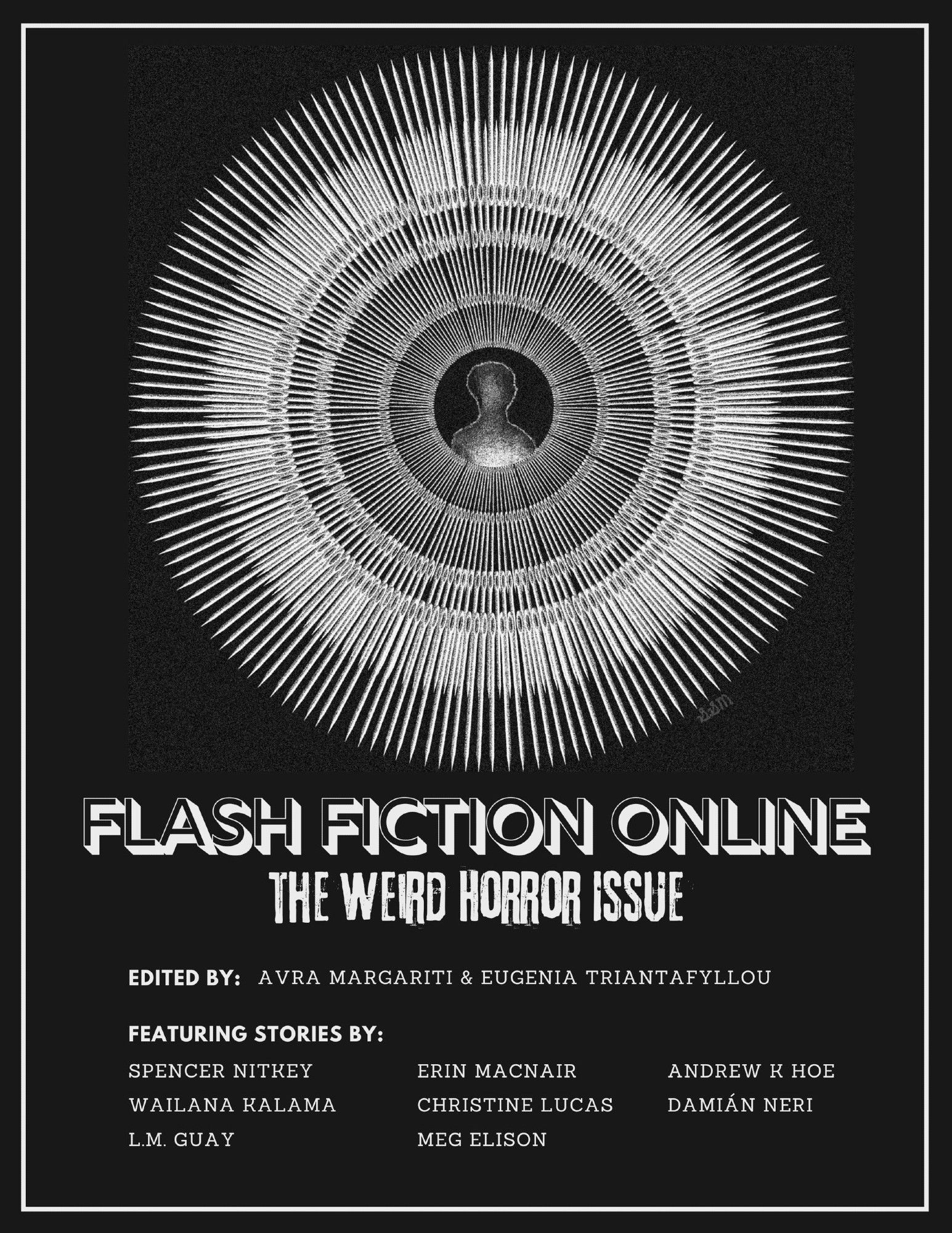 Flash Fiction Online Weird Horror Issue cover, featuring a vaguely human silhouette surrounded by a circular motif of pointed rays