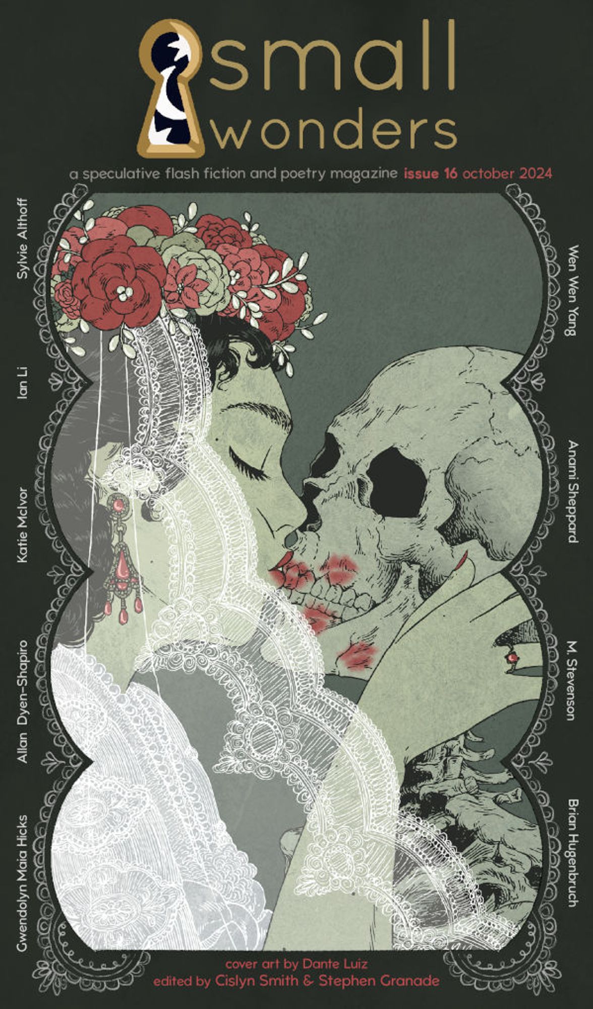 Small Wonders #16 cover, featuring a woman veiled and crowned in roses kissing a skeleton