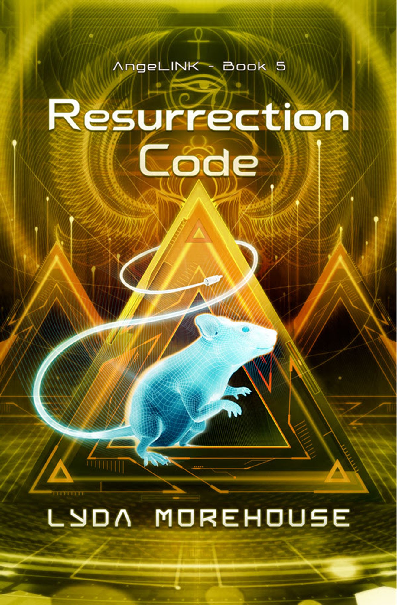 cover art for Resurrection Code by Lyda Morehouse, featuring a blue glowing digital mouse with a port on the end of its tail in front of some weird orange glowing digital triangles and egyptian symbols