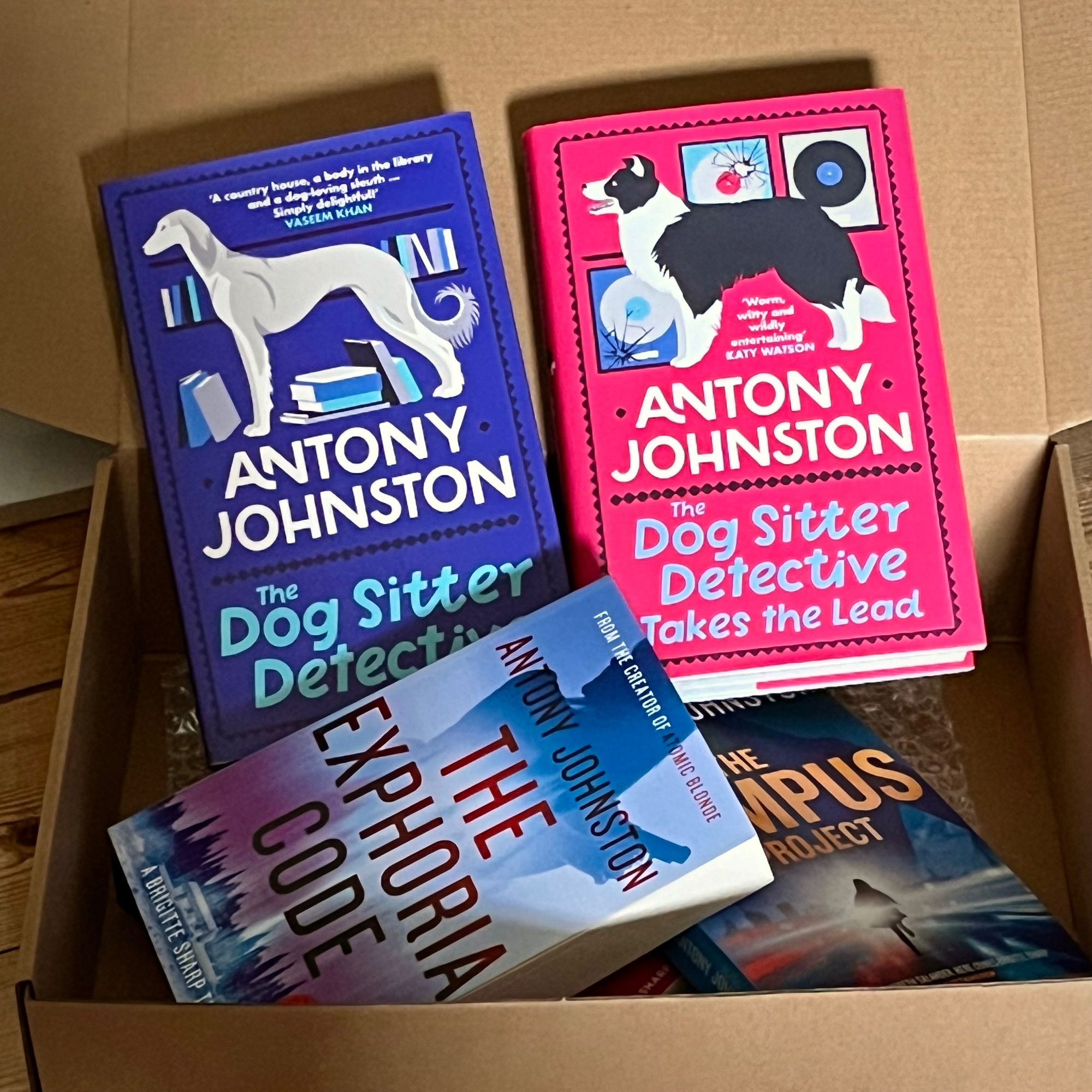 A cardboard box containing copies of Antony’s books, waiting to be sealed and posted