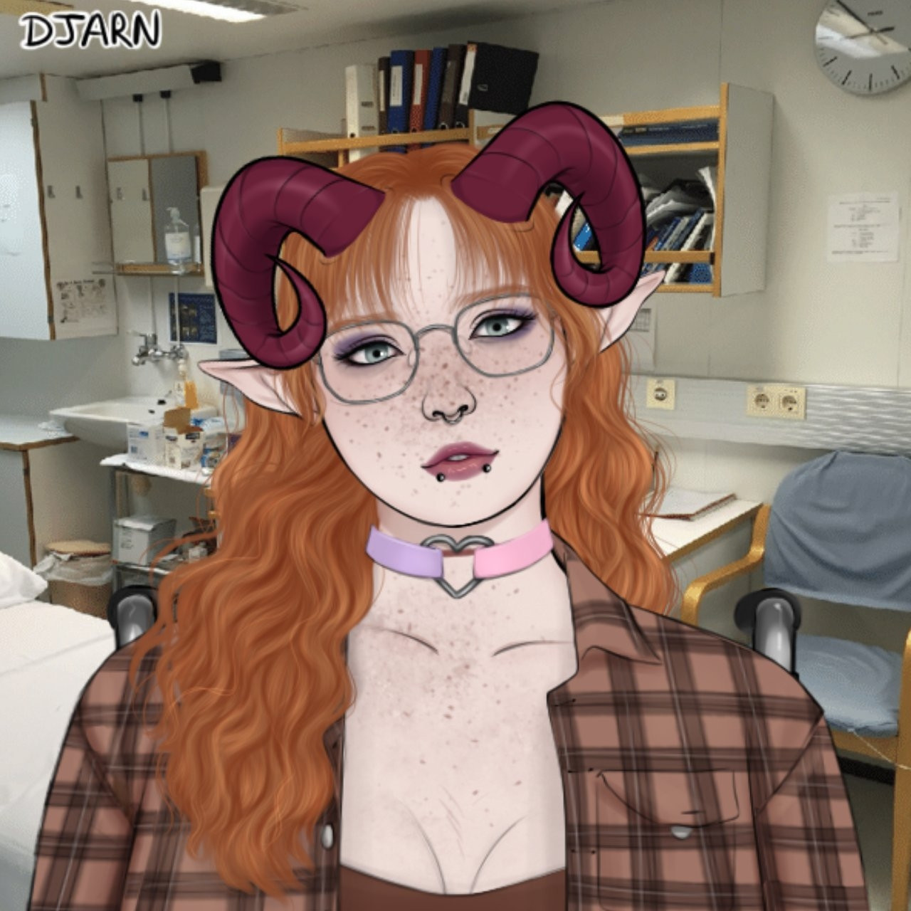 A Picrew image of my OC, Ember. She has long, wavy ginger hair, blue eyes, elf ears, and red horns. She is wearing a brown plaid shirt, a pink and purple choker collar, silver square glasses, and purple eyeshadow. The background of the image is a medical clinic, as Ember is a nurse.