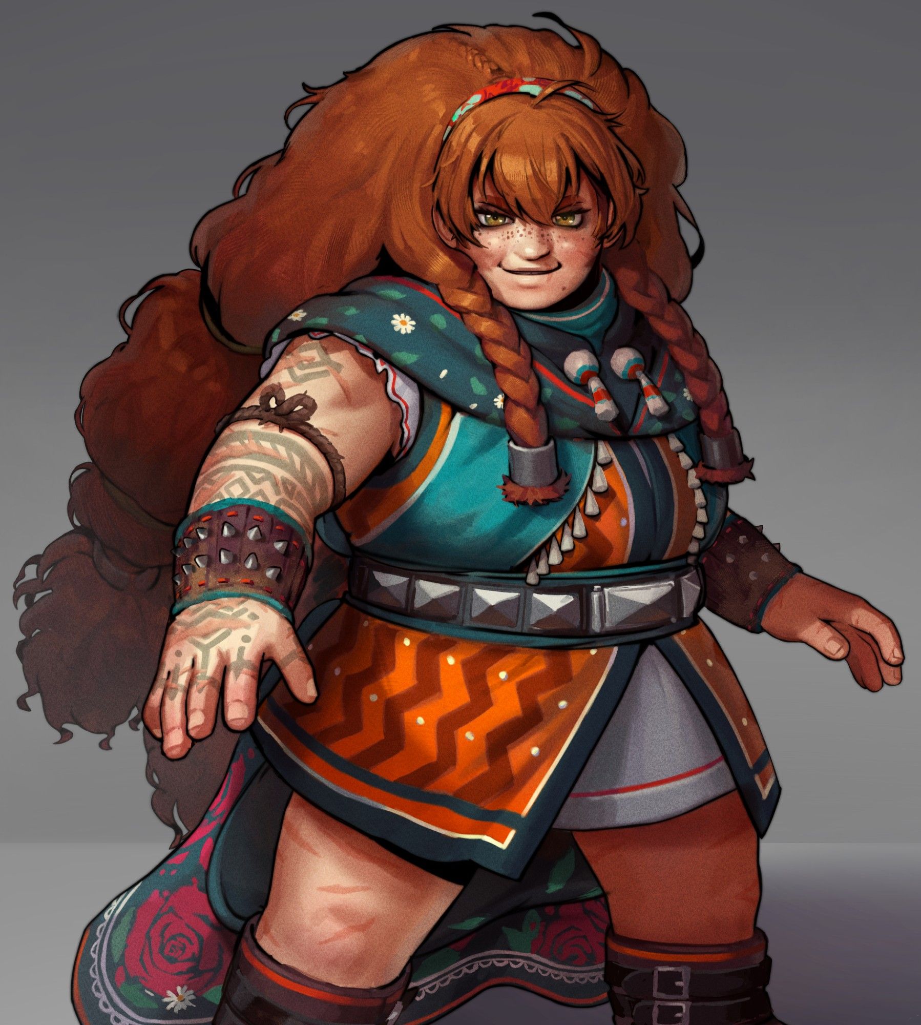 Illustration of a Dwarven Kineticist for Pathfinder 2nd edition.
She looks at you with a cheeky grin, probably plotting something. Has an enourmous mane of hair, divided in tied clumps at the back, and two large braids and bangs at the front. Main piece of clothing is an immaculate bright patterned tunic, with a thrown back cloak over it. The patterns reflect her personality, resembling lava flow over sweet flowery decoration.