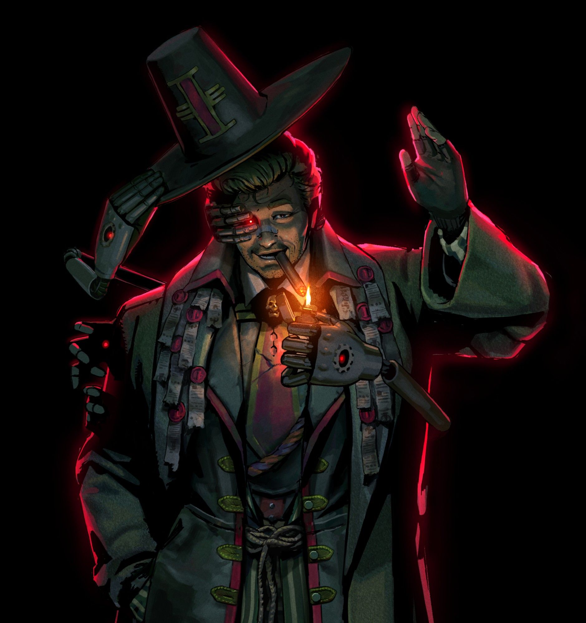 Illustration of a Warhammer 40K Inquisitor inspired by the TV character Columbo.
He stands cloaked in shadow, his appearance only visible by the light of his cigar and the streets. He looks mischievously at you, welcoming expression contrasting his dirty coats and tall pilgrim hat.
He looks weirder the more you look at him, and then you notice the many hands surrounding him.