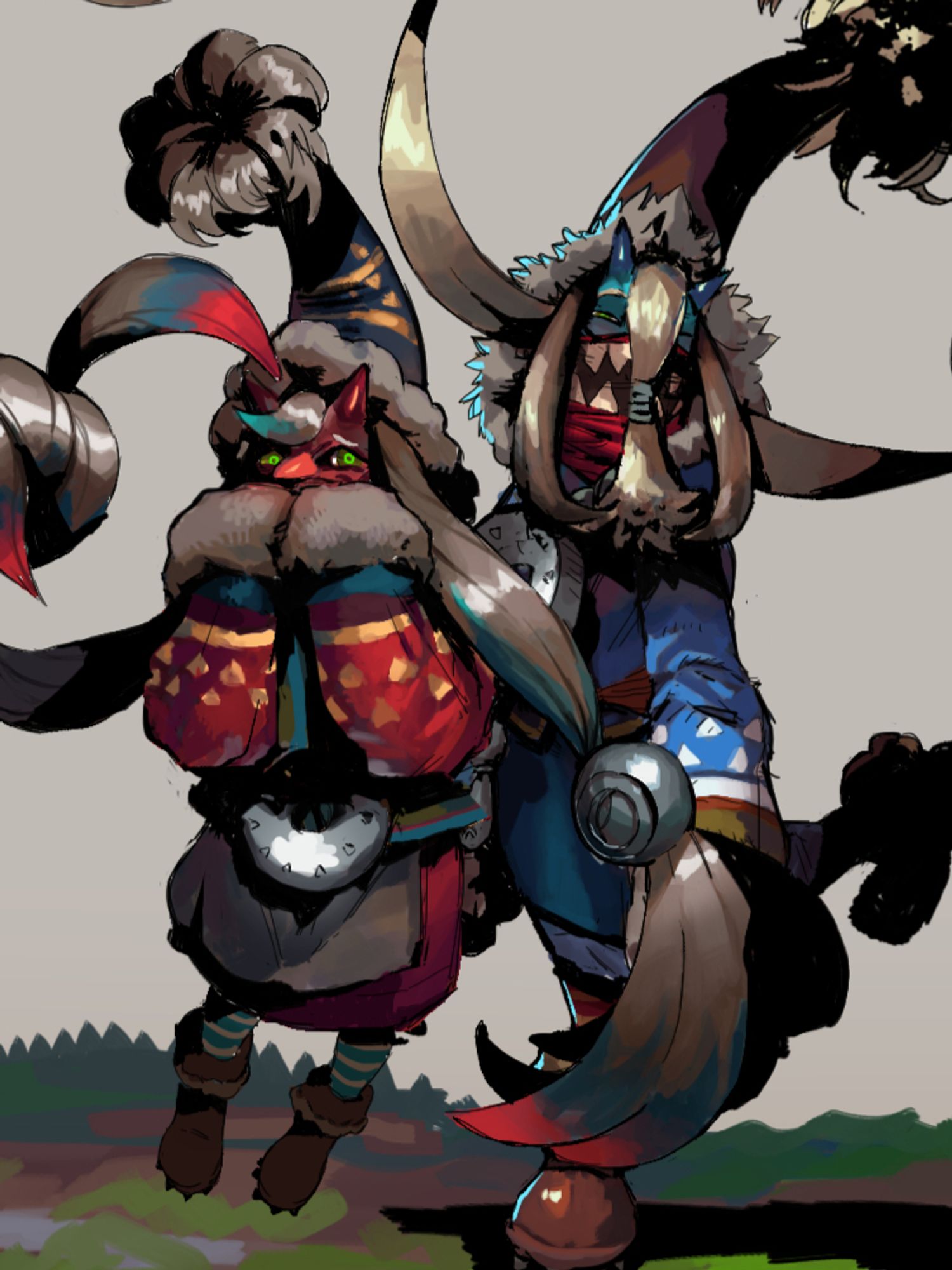 Illustration depicting two redesigns of The Legend of Zelda's Wizzrobe enemies.
One blue and full of energy and one red and shy. Both wear long sleeved tunics and cover part of their faces, and use their long hair as extra hands.