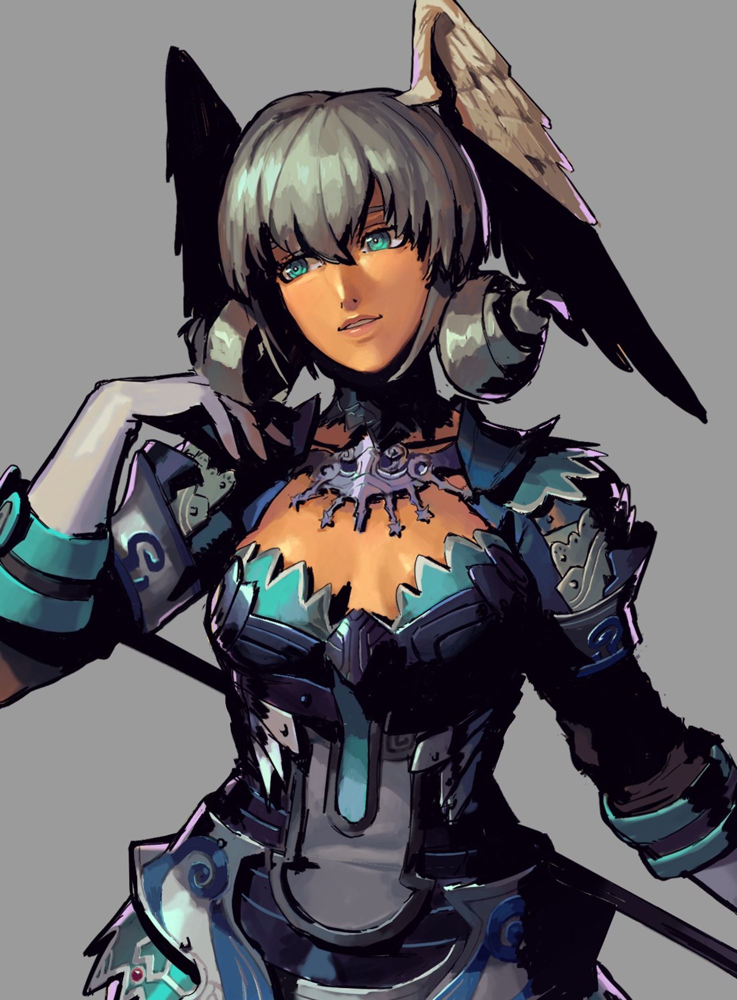 Zoomed in fanart of Melia Antiqua, from Xenoblade.
Looking flustered in her new looks, she's walking towards the viewer. The outfit is a not so practical (but funciontal!) cerimonial armored dress. 
The main torso piece houses the most armored bits, with a metal frame adorned in flowing shapes and decoration that resemble wings.