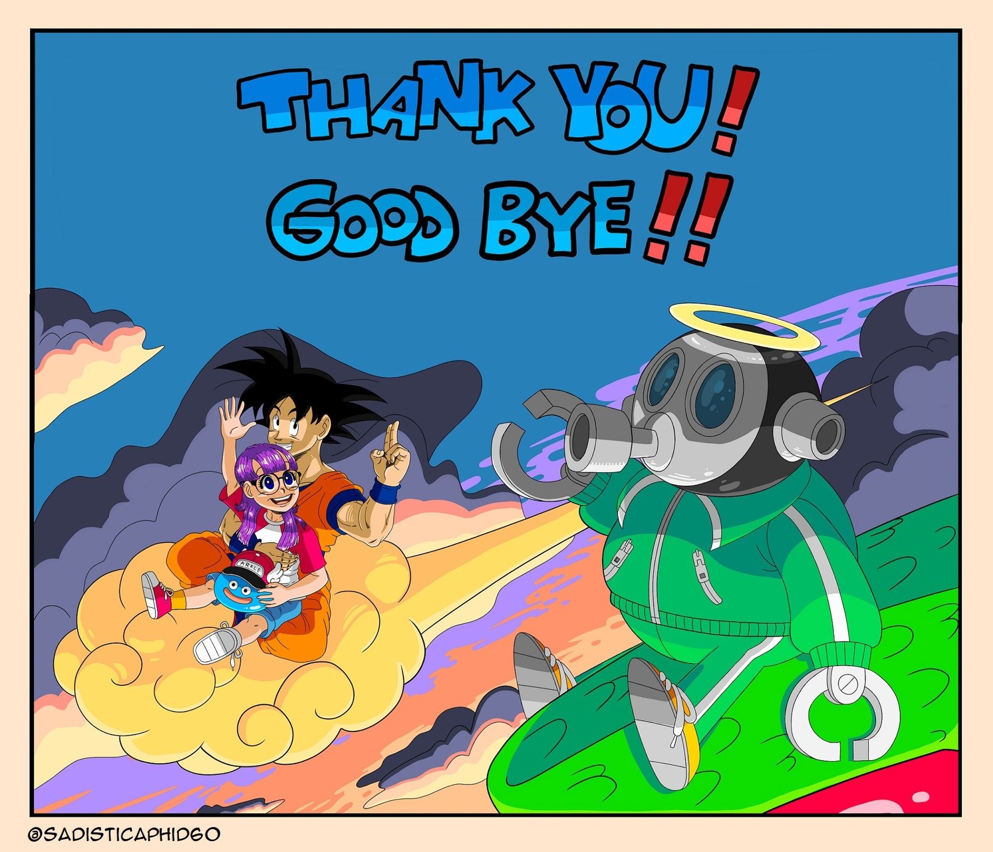 Toribot (Akira Toriyama) with a halo, riding on top of the immortal dragon Shenron's head and waving at Son Goku, Arale, and a Dragon Quest Slime who are all riding the flying nimbus cloud. Goku and Arale are waving back to Toriyama. The slime is wearing Arale's hat. They're all flying above the clouds as the colors of the sky change from day to night.