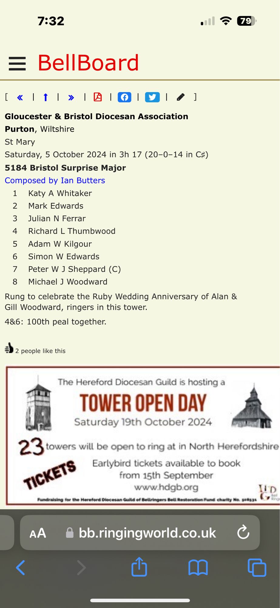 Screen shot showing the detail of a peal rung on 5 October on the bells of St Mary’s church Purton Wiltshire. It took 3 hours 17 minutes. The method was Bristol Surprise Major. The names of the eight bellringers are listed in order. The peal was rung to celebrate the ruby wedding anniversary of Alan and Gill Woodward. It was also the hundredth peal together by Simon and Richard.