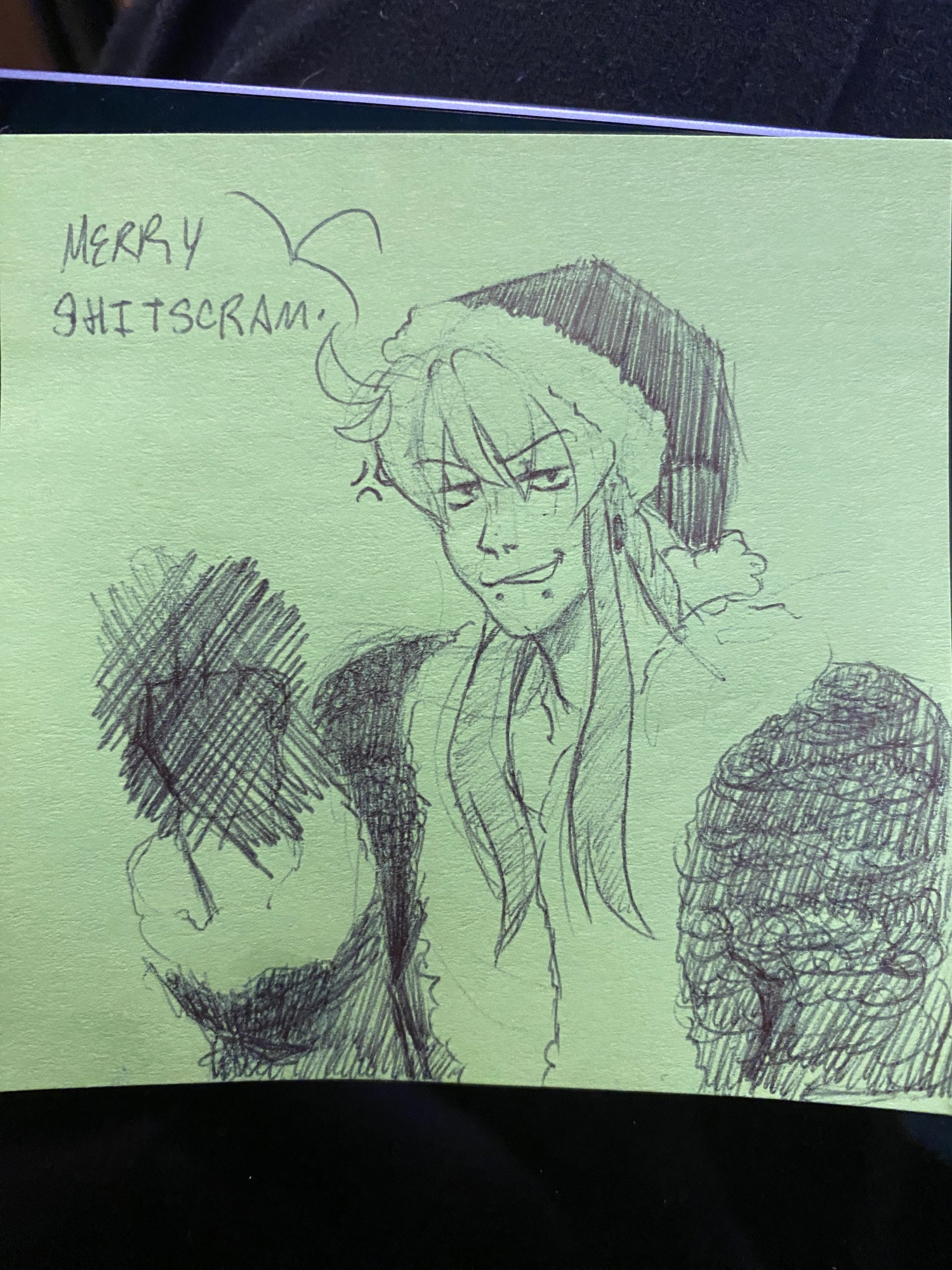 sebastian in a santa outfit flipping off the camera (i scribbled out his hand though cus i got self conscious about it looking bad). he’s saying ”merry shitscram”