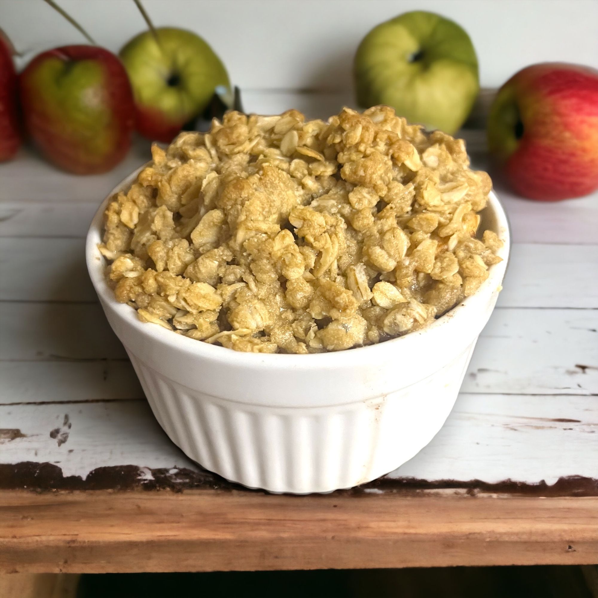 Apple crisp in a white ramekin