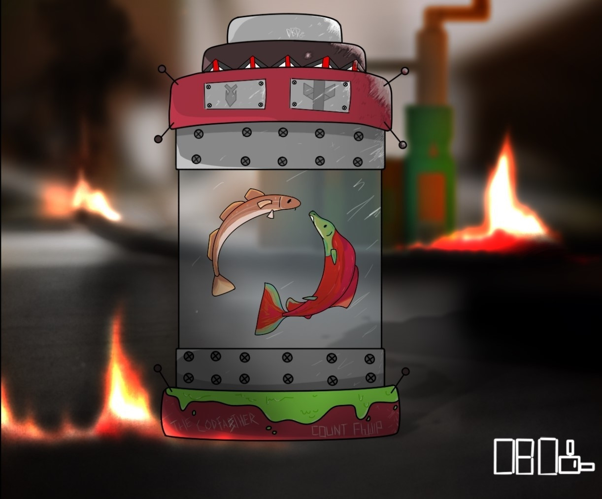 Empires smp (season 1) fanart. It's a cod and a salmon inside of a nuclear-esk tank. The surrounding area has been distroyed by a explosion. 