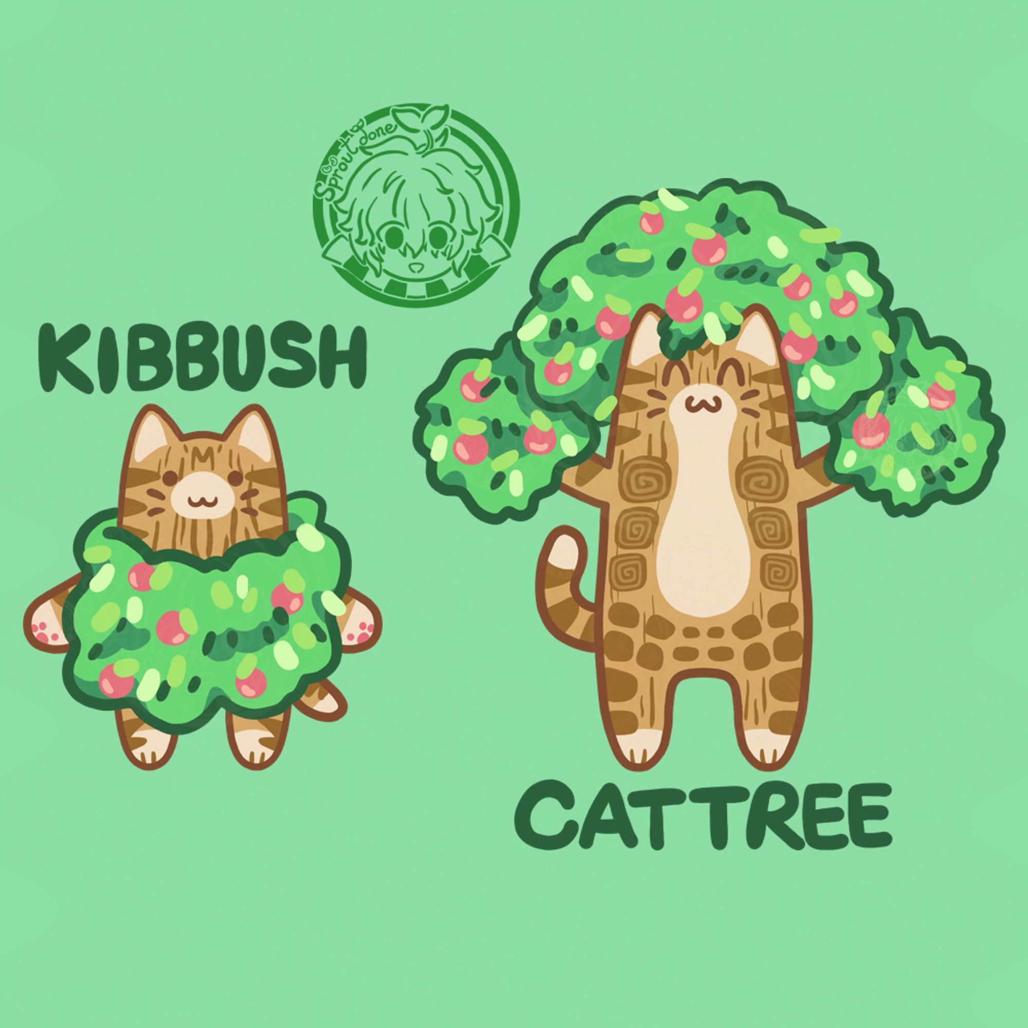 A kawaii style kitten and cat pair with small smiles stand on two legs and form foliage-based critters.  Their tabby pattern is made to look wooden, and their fluffy, leafy bodies are growing little pink berries.  The kitten resembles a bush while the cat's branch arms hold its leaves like pompoms in a tree shape.