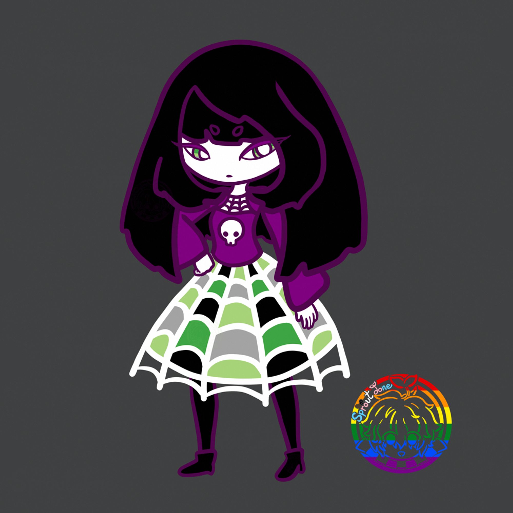 A femme-presenting goth person with a long-sleeve skull shirt with a web netting across the chest and a skirt that comes down like a spiderweb.  The design is done so that it is in the color scheme of the asexual flag with the skirt in the colors of the aromantic flag.  The character has long black hair with front and side bangs.  She has very angular eyes with long purple lashes and multicolored green eyes.  Her skin is pure white as part of the palette.  She has black leggings that lead into black short boots.