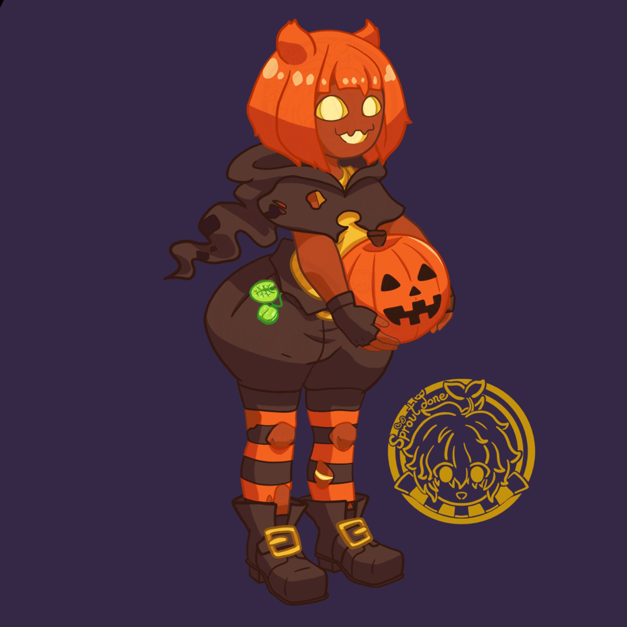 A witchy humanoid pumpkin character.  Gourdy is a non-binary character with a slightly femme appearance.  Their face is medium dark brown with rounded jack-o-lantern eyes and mouth.  They have two top teeth that form from their skin.  The inside of their head glows yellow.  Their whole body is supposed to contain this sort of illumination, as they have a cut on their leg that is also glowing yellow.  They wear a tattered hood resting down with matching fluffy shorts that balloon out larger than their actual waistline, which holds a little green baby pumpkin, with a leaf, like a keychain.  Their short, buckled boots are squarish and neatly outlined.  They hold a stereotypical unlit jack-o-lantern with both hands down in front of them. Gourdy's hair is orange and shaped to match the pumpkin but with two tufts of hair sticking up, one on either side of their head, in a similar shape to small horns. Their bangs have a piece missing and hanging down to resemble uneven jack-o-lantern teeth.