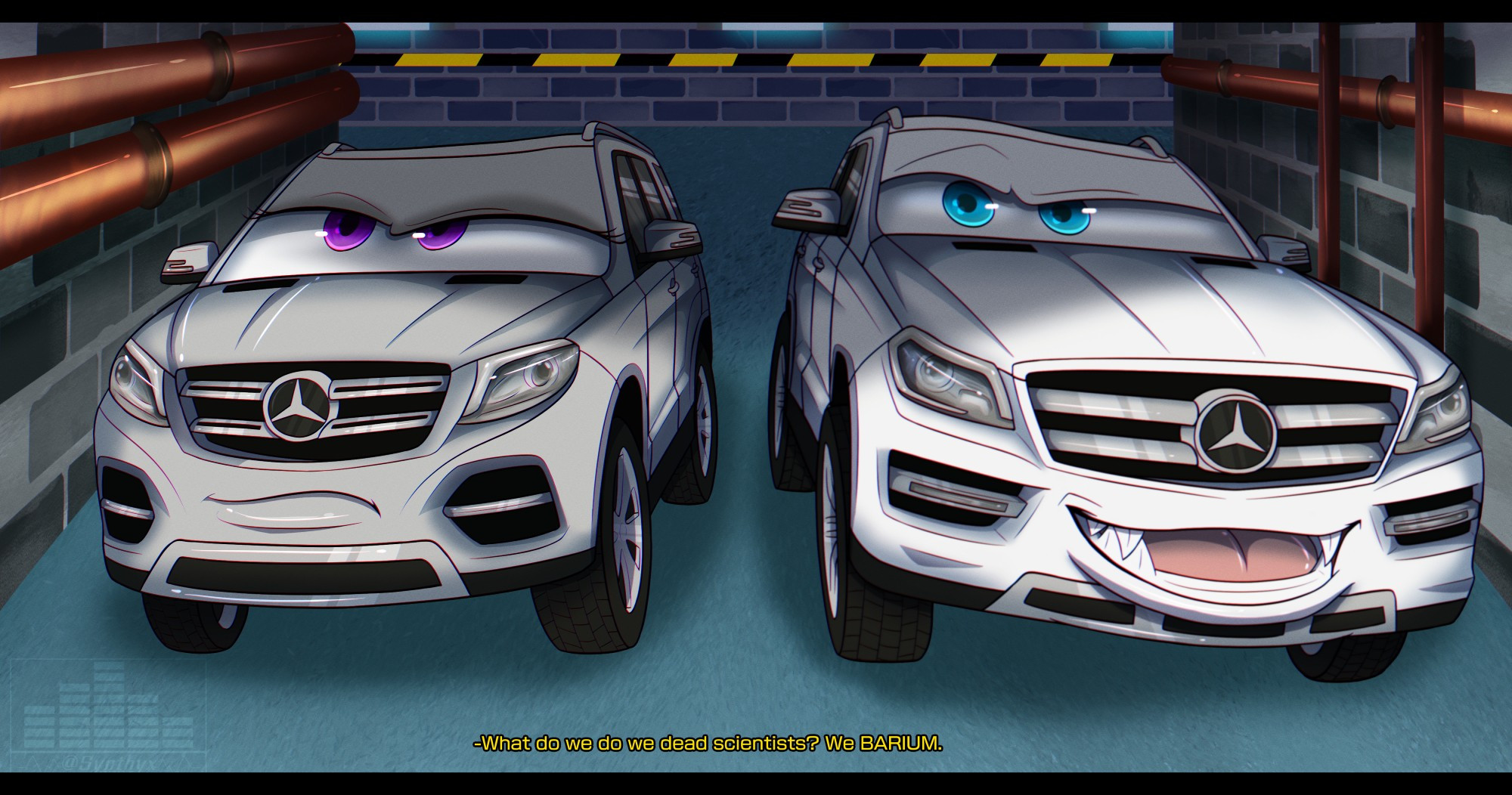 Artwork depicting two of my sentient car characters Florian (right) and his wife Belle (left). Both are drawn Pixar Cars style with their eyes on the windshield. Belle and Florian are driving in an industrial looking hallway as Florian tells Belle a corny joke; Belle is rolling her eyes looking annoyed at Florian antics. The caption reads "What do we do with dead scientists? We BARIUM".