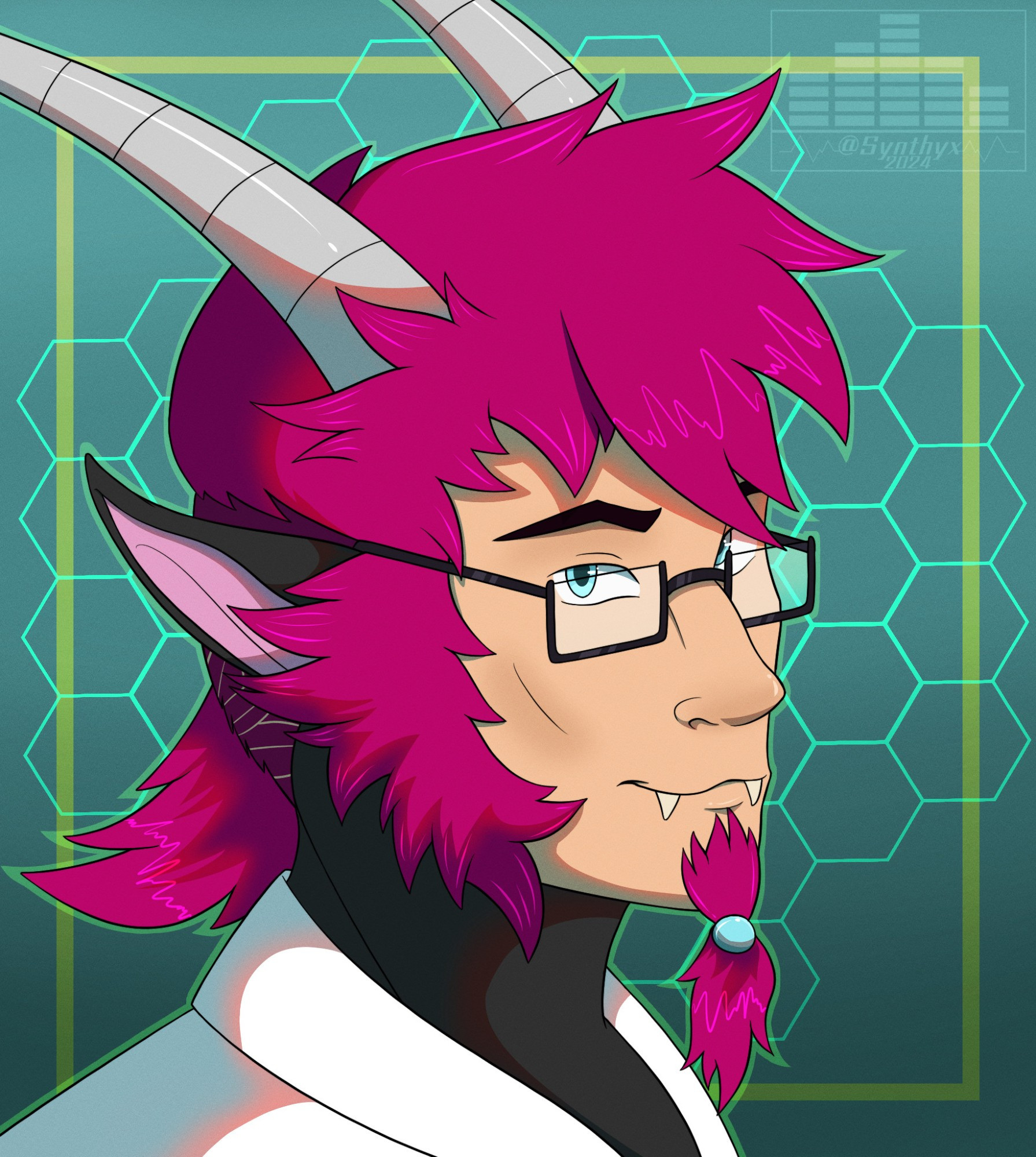 Artwork of a character named Advan. Advan is a humanoid with draconian features such as horns and draconic ears. He has pink hair and is wearing glasses.