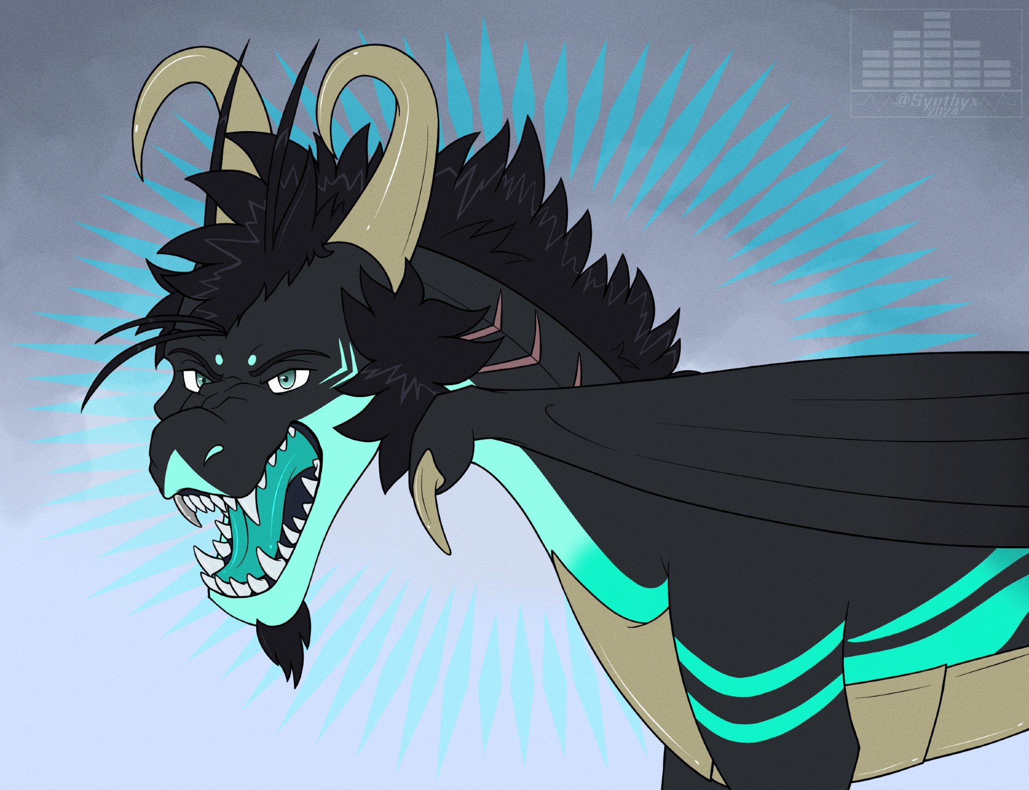 Artwork featuring my character Dieter in his dragon form/design. Dieter is a mostly black dragon with teal accents.