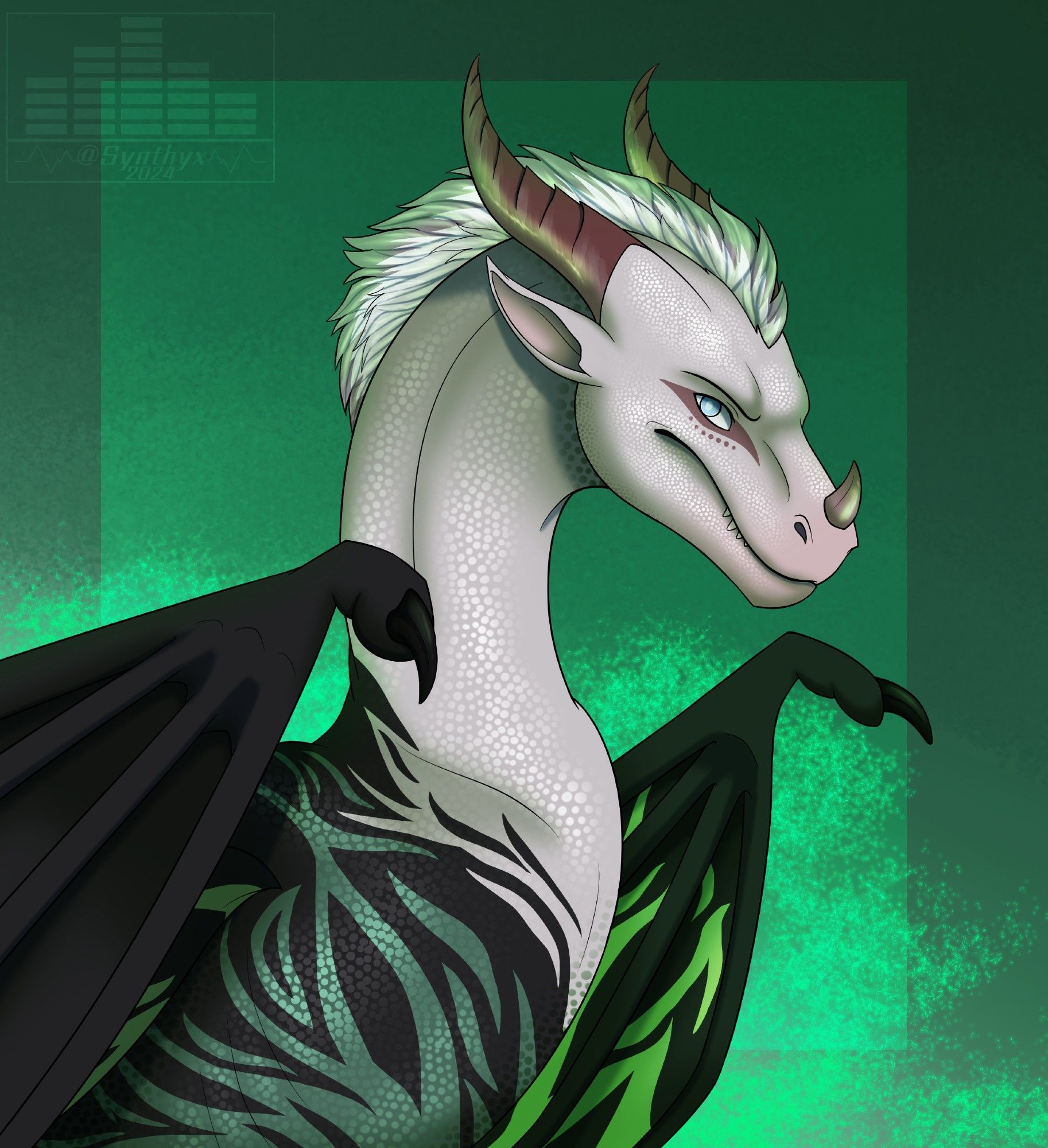 The image is of a wyvern, a type of dragon against a green background. The head and neck is a pale cream white color with brown horns. The body is black and has green flame-like patterns that are also on its wings.