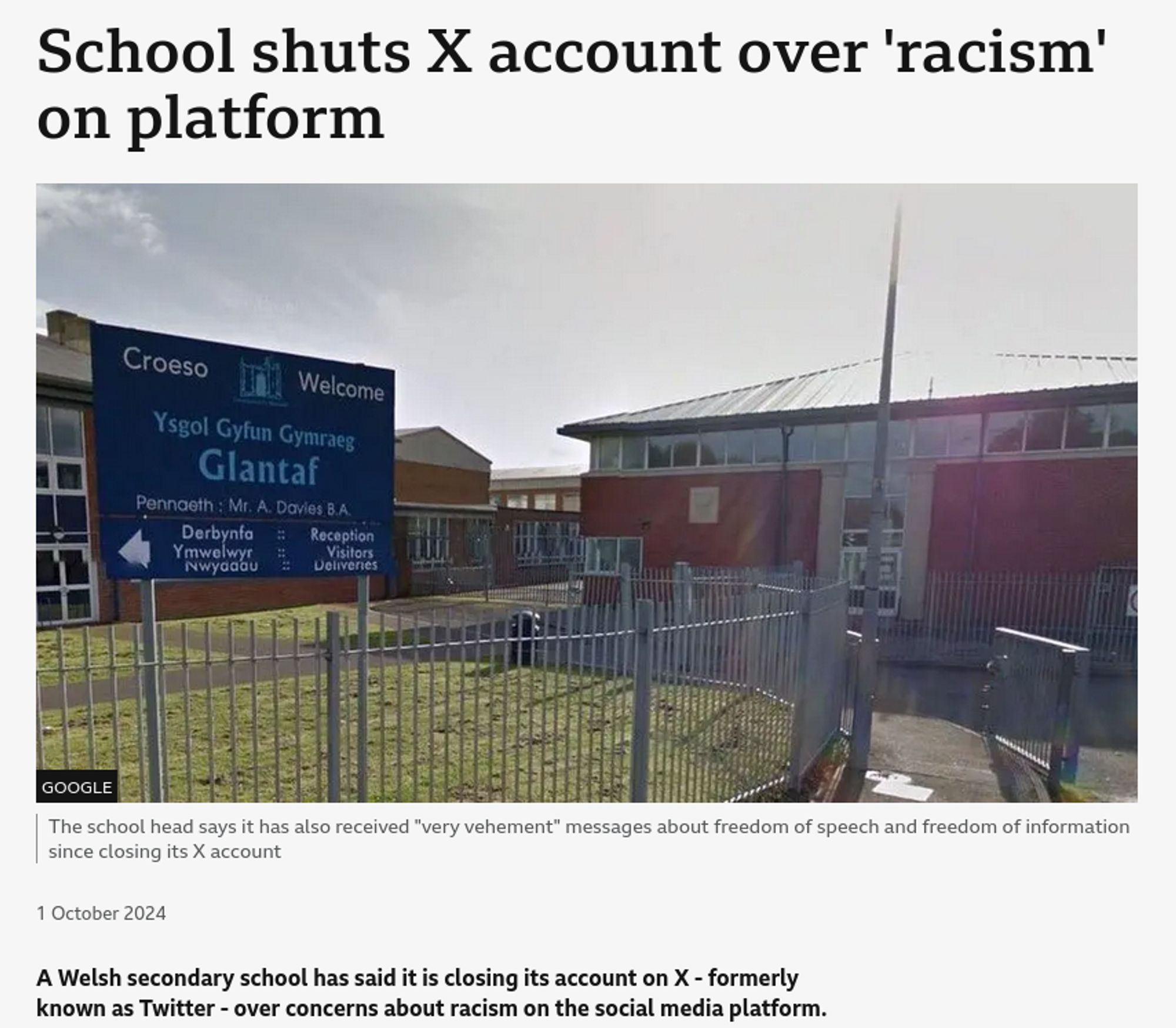 News article headlined; 
"school shuts X account over 'racism' on platform"
Picture of Ysgol Gyfun Glantaf.