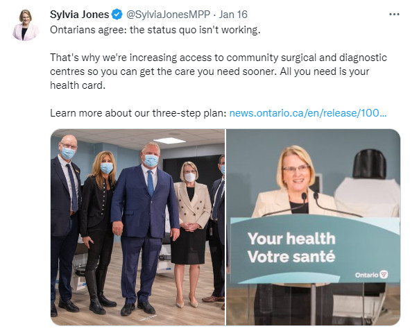 A tweet from health minister Sylvia Jones announcing Your Health, a three step plan to monetize healthcare in Ontario and make already wealthy cronies and profiteers wealthier.