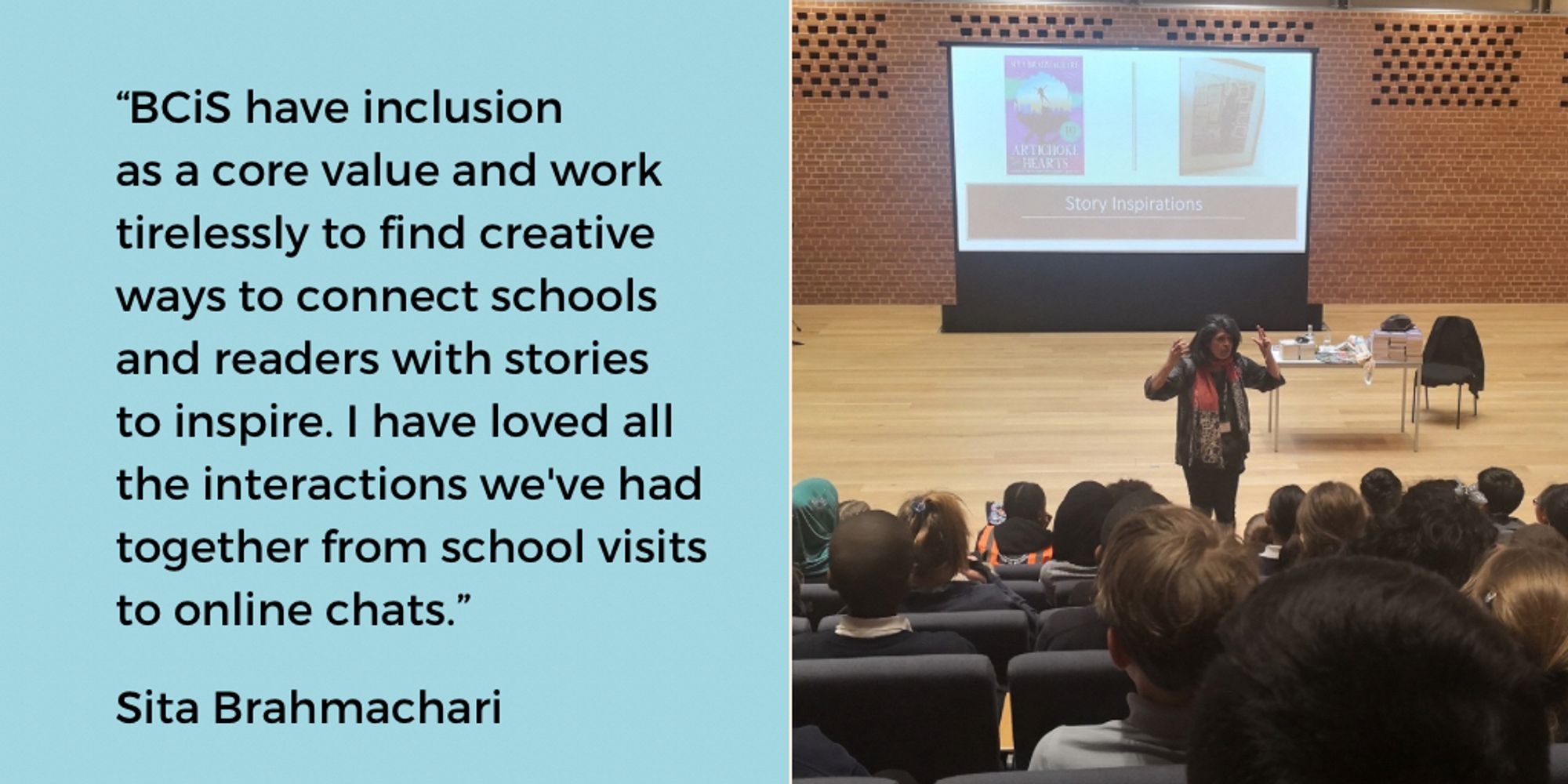 Quote from Sita Brahmachari and photo to Sita speaking to some of our partner schools.