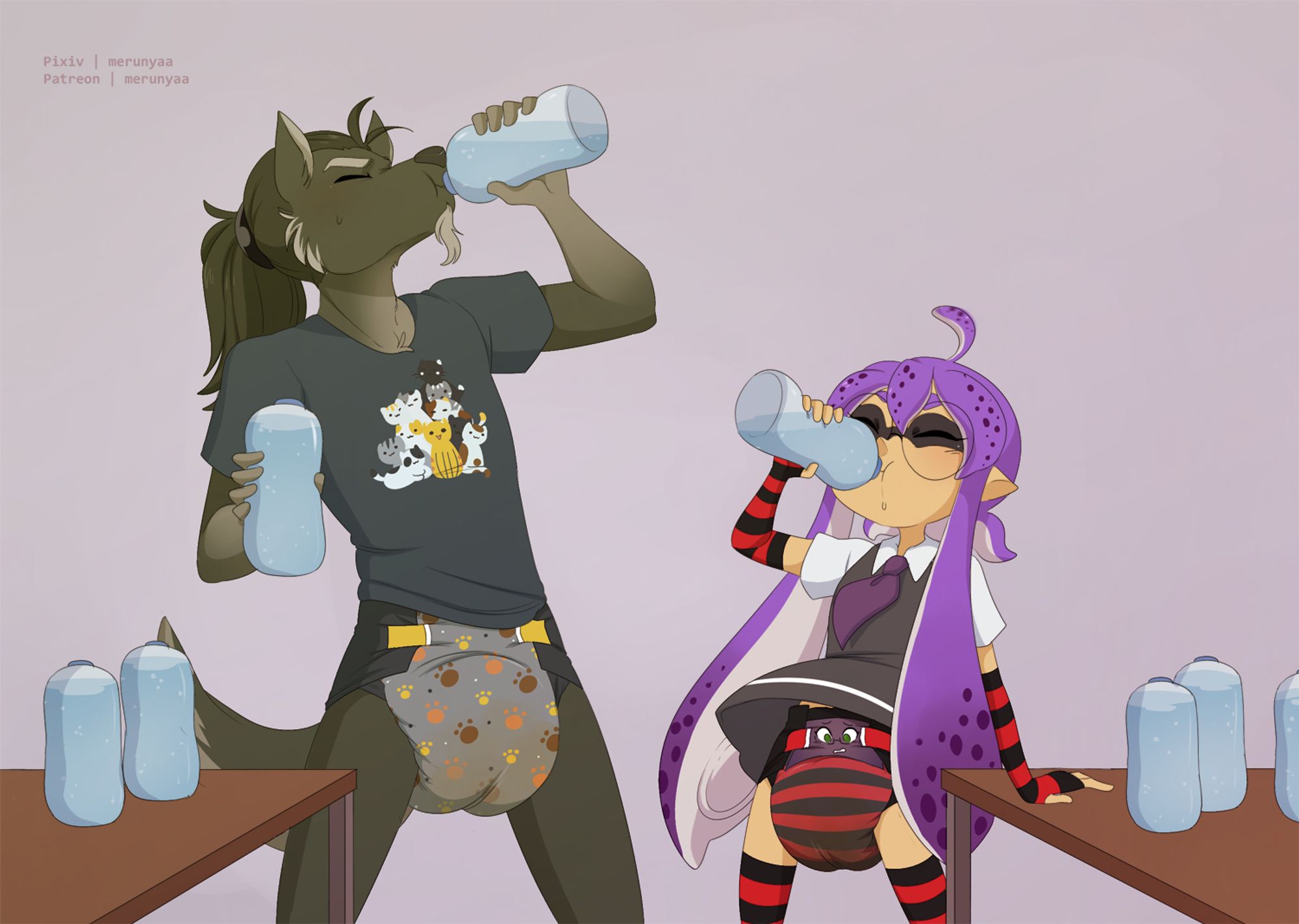 Alternative version of the previous picture. The remaining water bottles have become fewer, and both Neo's and Syna's diapers are visibly thicker and yellowed from their pee.