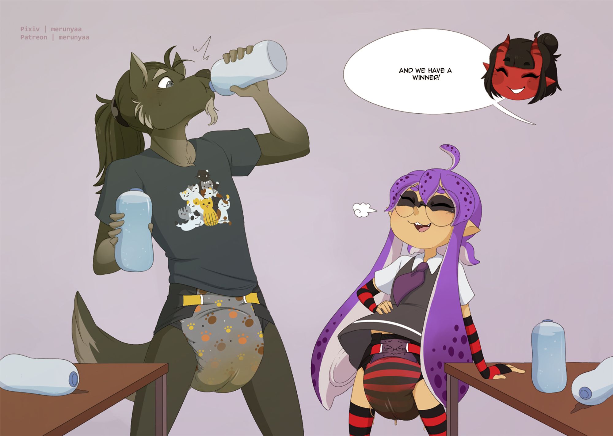 Alternative version of the previous picture. Syna's diaper has reached its limit and is leaking, she has stopped drinking and is looking proud of her accomplishment. Neo realizes that he has lost the competition.

Meru: "And we have a winner!"