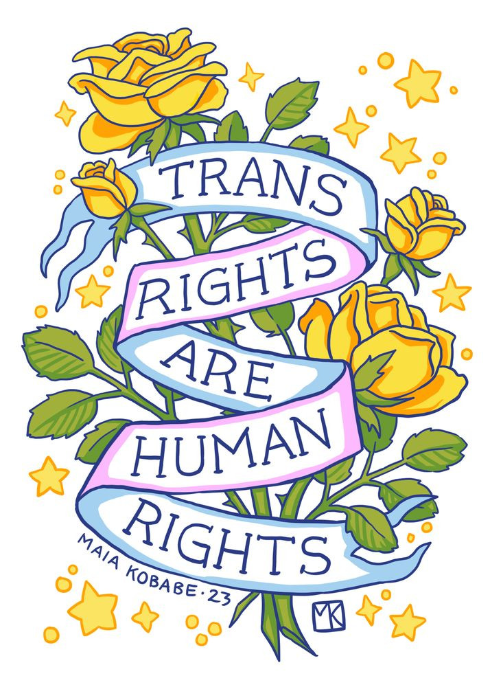 MAIA KOBABE STICKER ILLUSTRATION WITH YELLOW ROSES AND STARS. A BANNER IN THE MIDDLE READS, "TRANS RIGHTS ARE HUMAN RIGHTS".