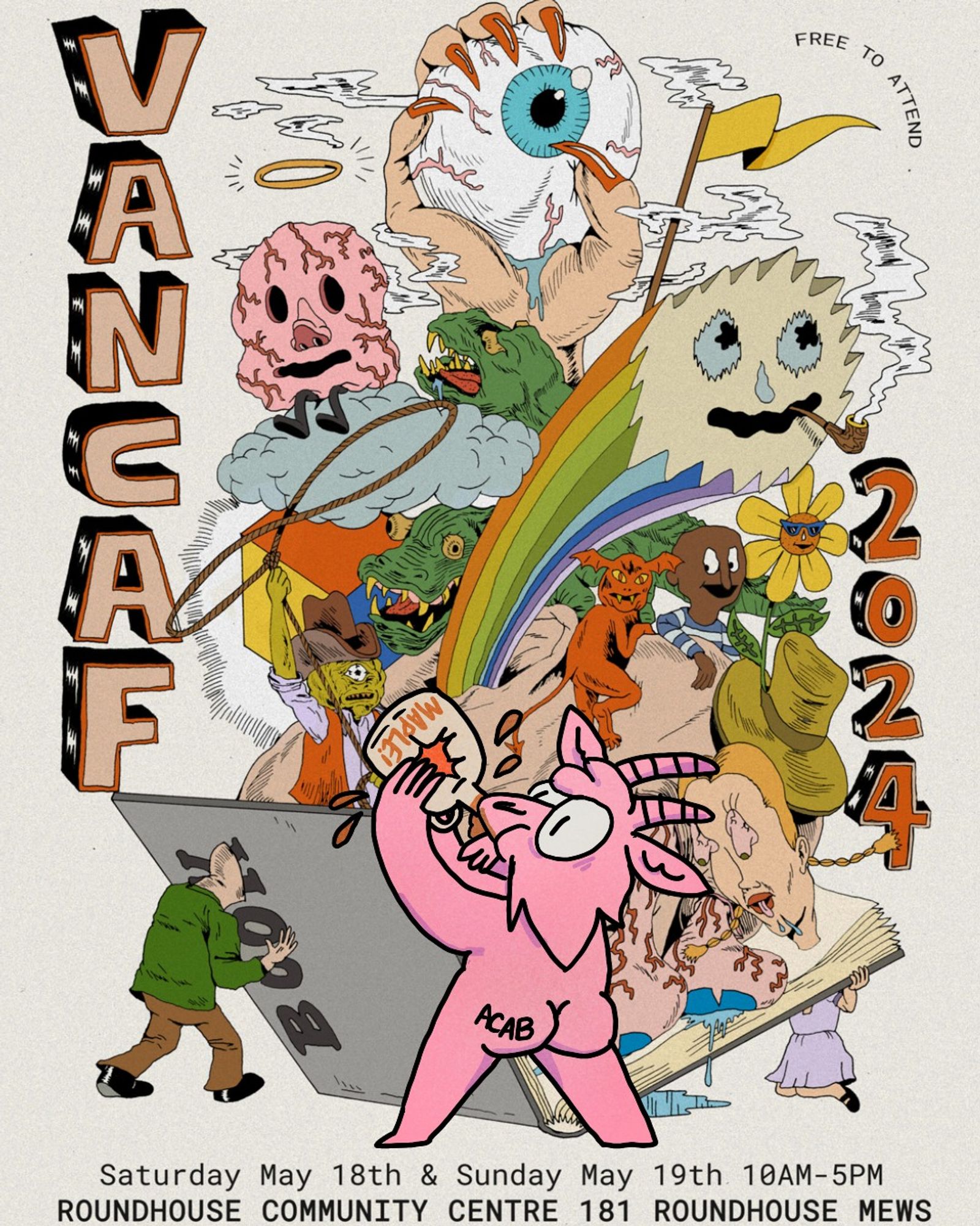 Mini Silver Sprocket goat chugging maple syrup in front of the official VanCAF 2024 poster.