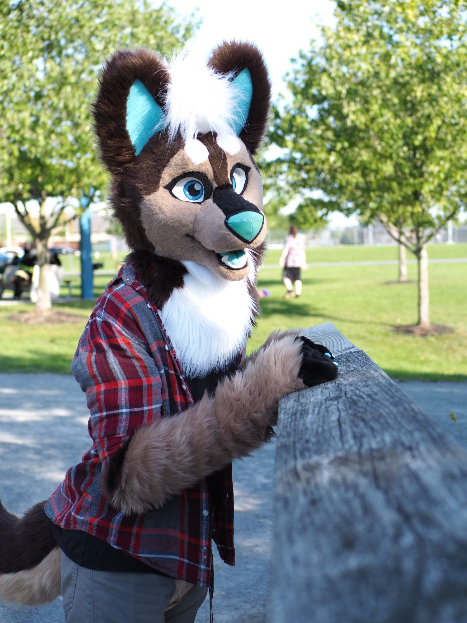 Fursuiter Mocha Coffeehound at a park.