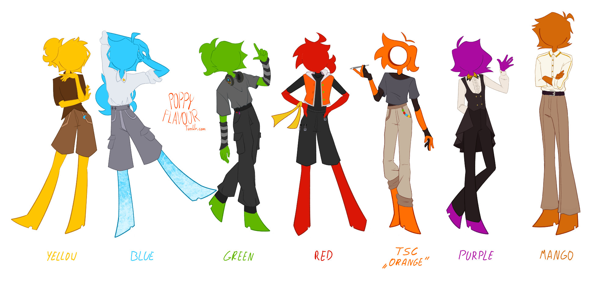 Semi-human designs of Alan Becker stick figures from animation vs minecraft series on youtube. The stick figures present are (from left to right) Yellow, Blue, Green, Red, Orange/TSC, Purple, King Orange/Mango