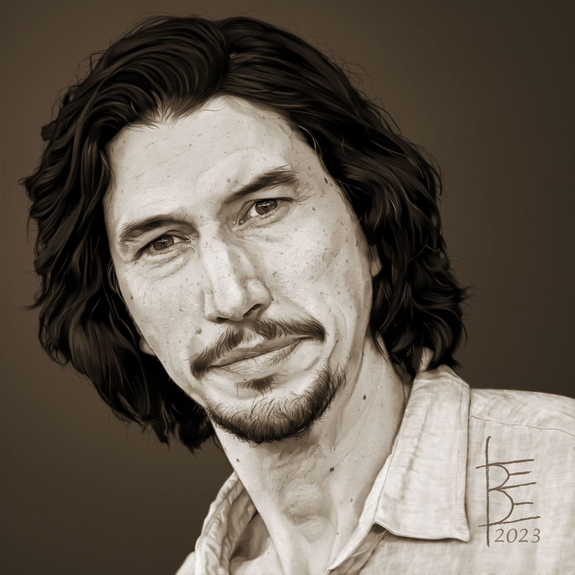 Adam Driver as he appeared on 31 Aug 2023 at the press conference photocall for "Ferrari" at the Venice International Film Festival, leaning forward, his silver sparked collar length mane framing his face, brow relaxed over smiling eyes, the rolling hills of his almost dimples bracketing lips gently tugged by a small not quite smile, goatee neatly trimmed, the very open collar of that famously rumpled linen shirt framing the strong column of his neck and giving us a peek of collarbone.