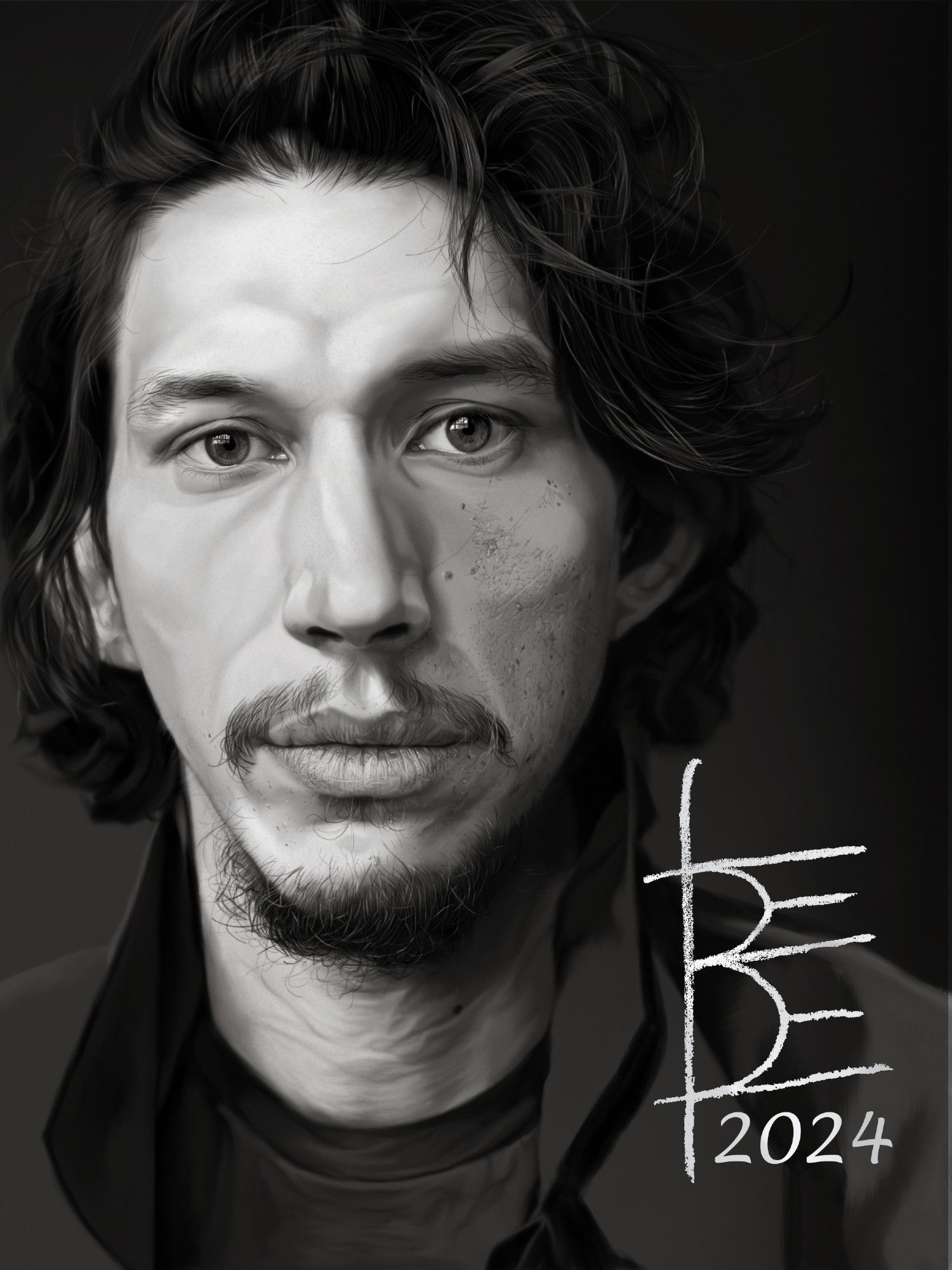 an unfinished sepia toned monochromatic digital painting of adam driver after 26 hrs of work; there's a simple gradient background that's darker in the upper right corner and gradually lightens to the lower left corner. The curls of his hair are in rumpled disarray, he's looking straight at the viewer, eyes wide and somewhat round, but he doesn't look scared. His mouth is framed by his trademark sparse goatee, which is extra long and curly. His clothes are still just suggestions, and at this point I've only painted some of his trademark moles, freckles, and small scars, mostly on his neck, chin, and lower right cheek.