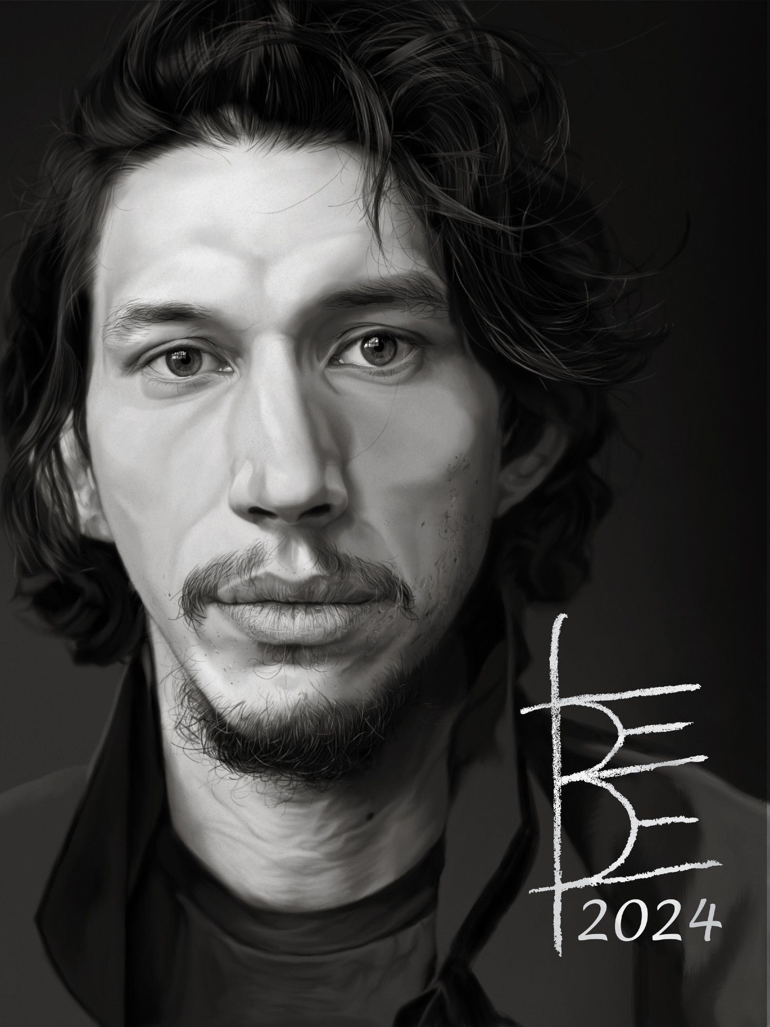 an unfinished sepia toned monochromatic painting of Adam Driver after 22 hrs of work; hair is done, skin tones are smoothed, eyes are fully rendered, he has his lashes, brows, beard, and I'm starting to paint in his moles, freckles, small scars, and skin textures. His clothes are still just suggestions.