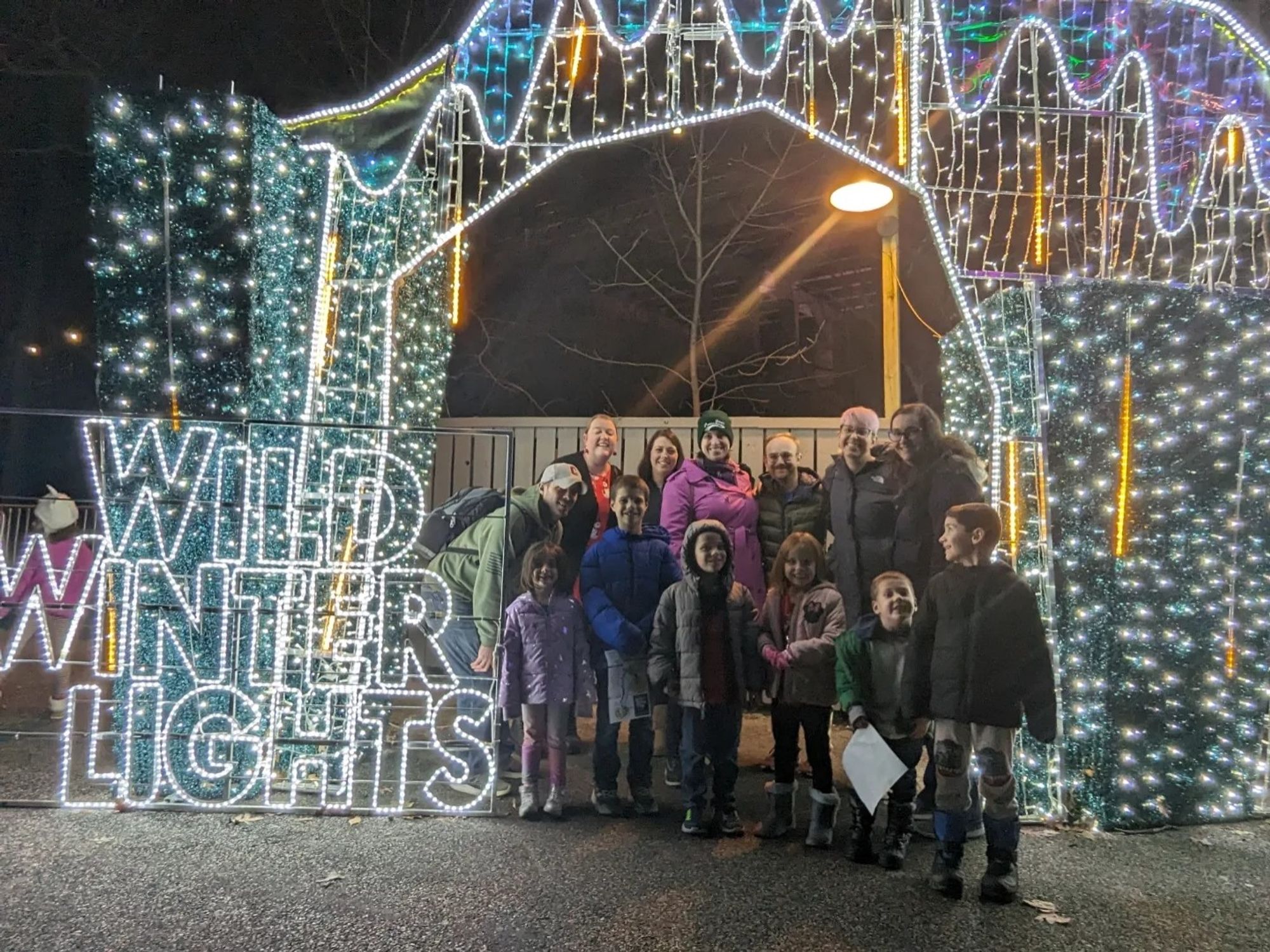 Family with kids under a light arch display at the Cleveland Metroparks Zoo Wild Winery Lights event.