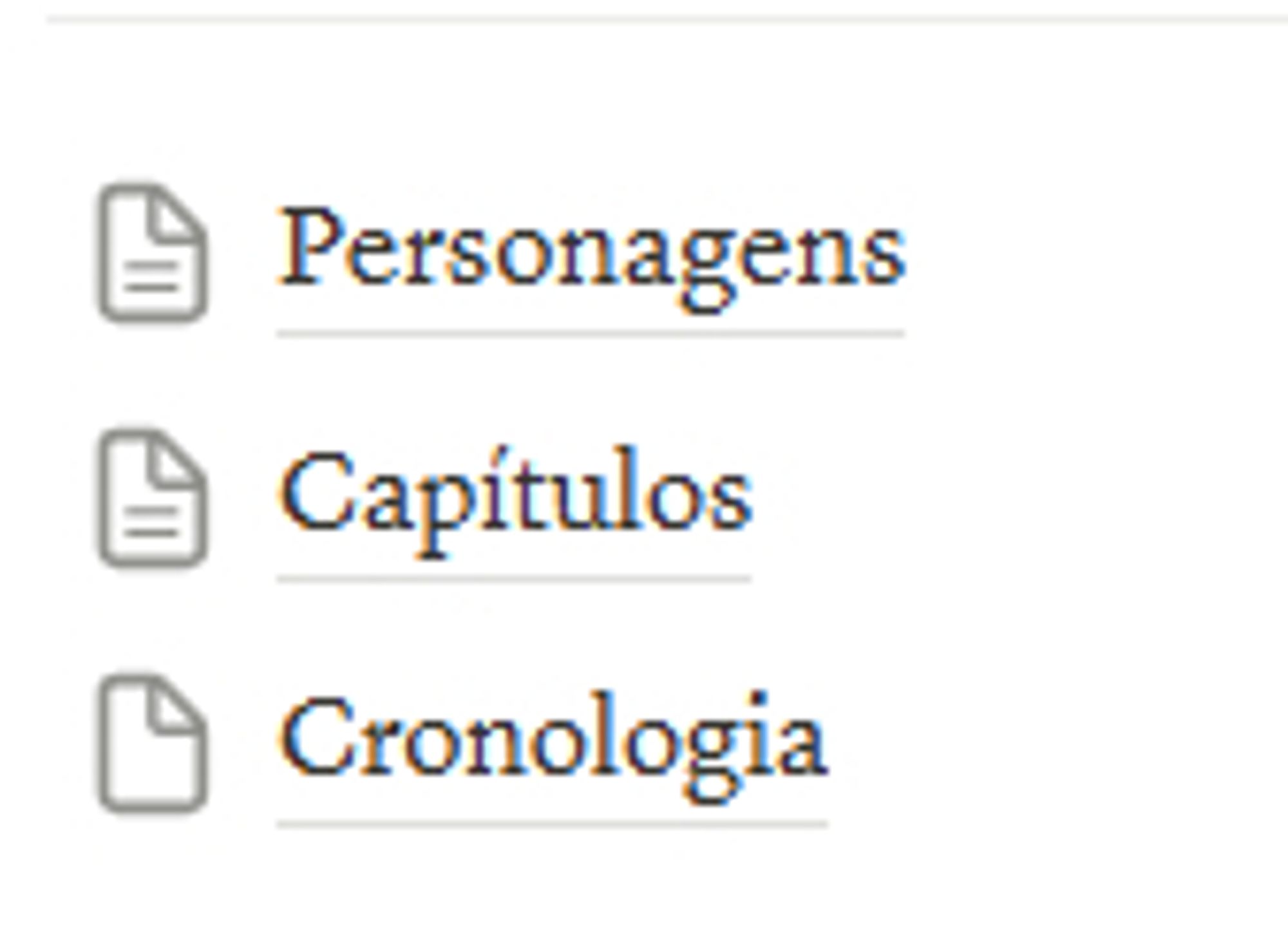 três páginas nomeadas como "personagens", "capítulos" e "cronologia"