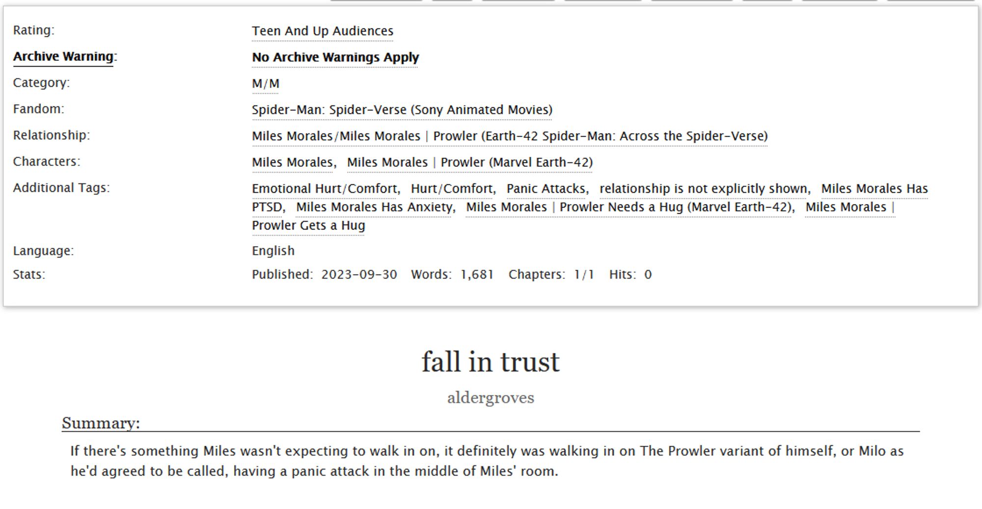 screenshot of AO3. it reads:

Rating:
        Teen And Up Audiences 

Archive Warning:
        No Archive Warnings Apply 

Category:
        M/M 

Fandom:
        Spider-Man: Spider-Verse (Sony Animated Movies) 

Relationship:
        Miles Morales/Miles Morales | Prowler (Earth-42 Spider-Man: Across the Spider-Verse) 

Characters:        Miles Morales 
Miles Morales | Prowler (Marvel Earth-42) 

Additional Tags:
 Emotional Hurt/Comfort Hurt/Comfort Panic Attacks relationship is not explicitly shown Miles Morales Has PTSD Miles Morales Has Anxiety Miles Morales | Prowler Needs a Hug (Marvel Earth-42) Miles Morales | Prowler Gets a Hug 
Language:
    English 
Stats:
    Published:
        2023-09-30
    Words:
        1,681
    Chapters:
        1/1
    Hits:
        0

fall in trust
aldergroves
Summary:

    If there's something Miles wasn't expecting to walk in on, it definitely was walking in on The Prowler variant of himself, or Milo as he'd agreed to be called, having a panic attac