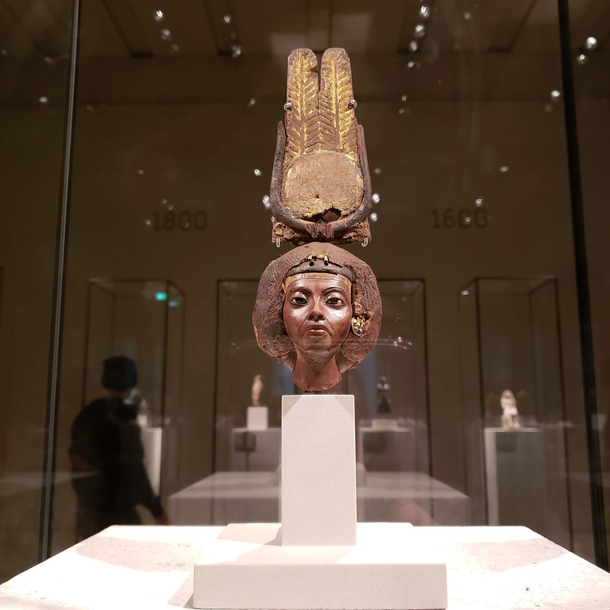 A wooden bust of Queen Tiye,  Akhenaten's mother and Tutankhamun's grandmother. She is wearing a double-feather crown sacred to Hathor, and a gold earring is visible on one ear.
She has a serious expression, and slight marks of her age are depicted on her face.