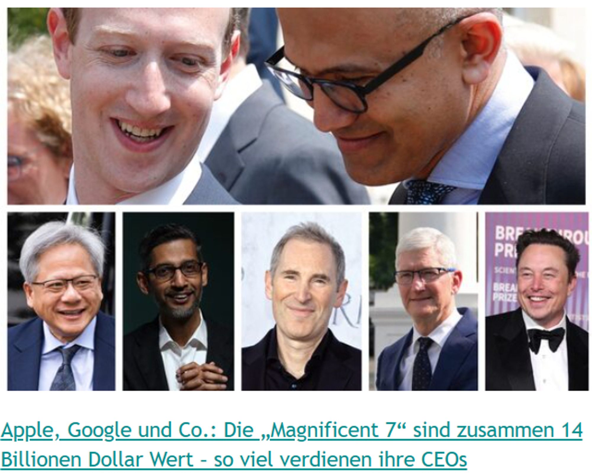 Die CEOs der grossen IT-Firmen mit dem Untertitel:
Apple, Google und Co.: Die "Magnificent7" sind zusammen 14 Billionen Dollar wert - so viel Verdienen ihre CEOs