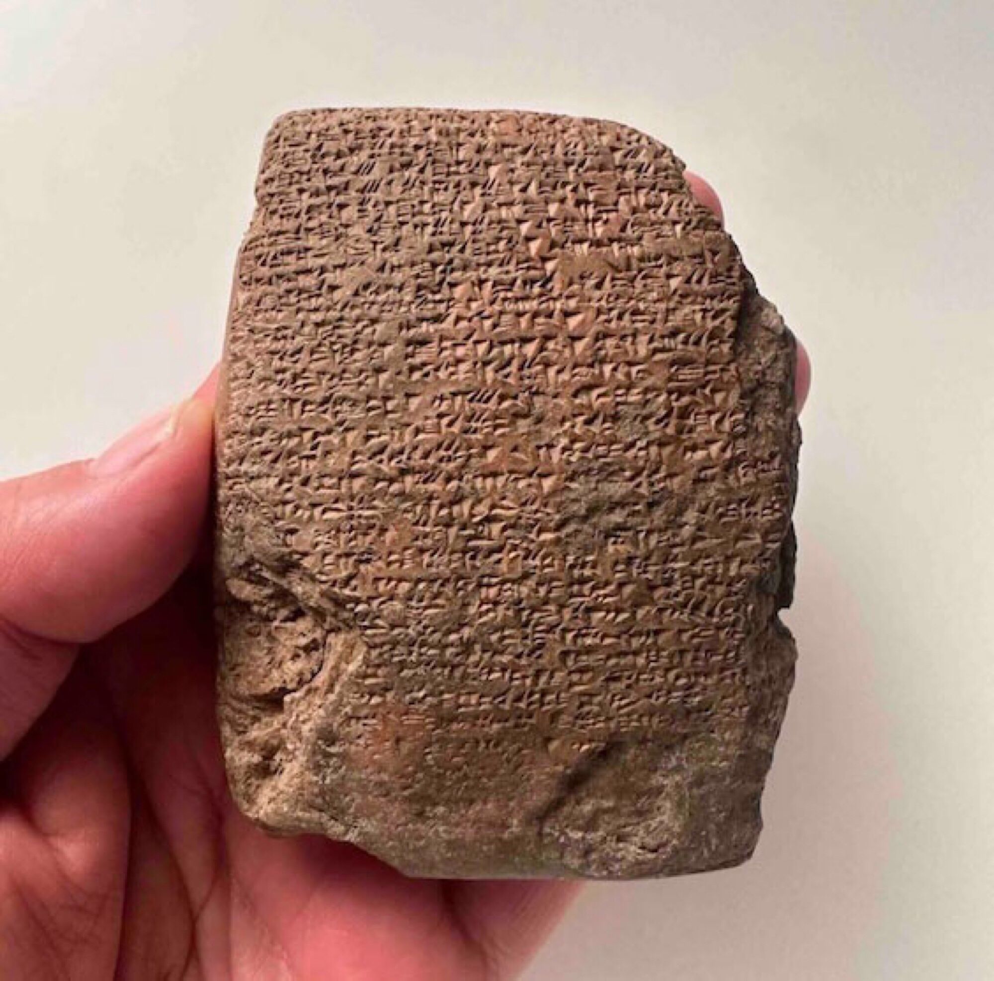 hittite cuneiform tablet held in hand, about the size of a credit card but with dozens of characters pressed into it and hardened